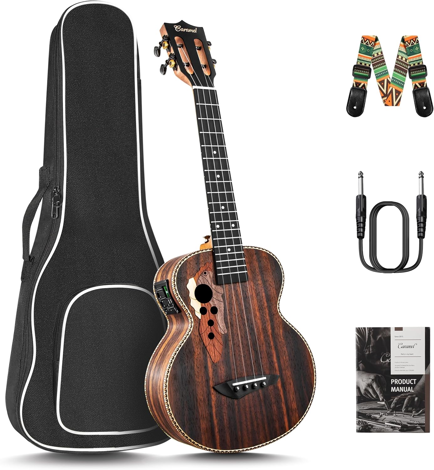 26 inch Caramel CT904 Ebony Tenor LCD color display Electric Professional Player Beginners Ukulele Uke Kit Bundle Padded Gig bag Strings,Strap