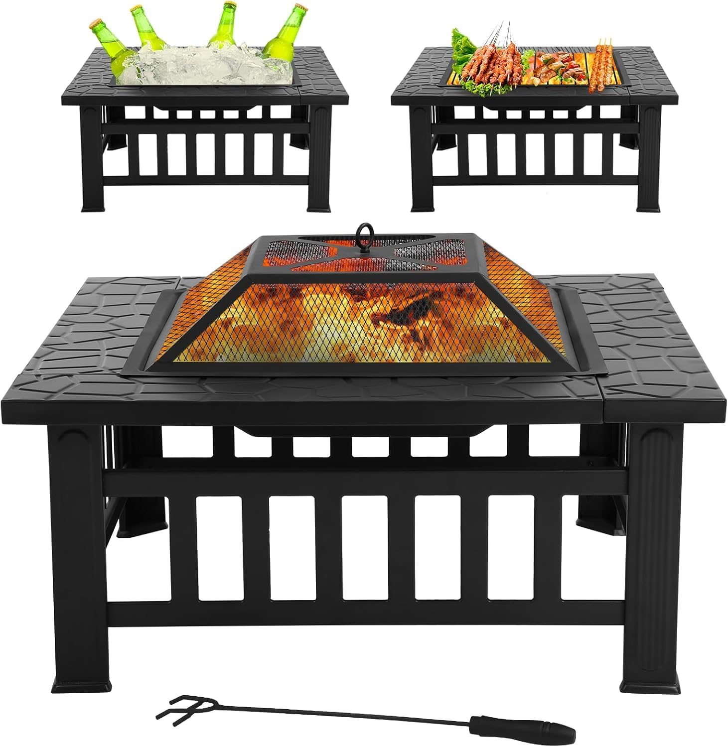 Bigacc Outdoor Fire Pit Wood 32in Square Metal BBQ Firepit Stove for Backyard Patio Garden Screen Bonfire Fire Pit with Outside Fireplaces Camping and Poker, Black