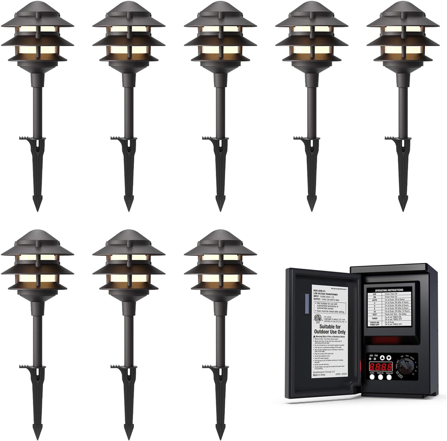 GOODSMANN Landscape Lighting Kits 8PK Path Lights 2.2W LED 30 Lumens Pathway Lights 3100K Outdoor Lights & 200W Low Voltage Transformer for Outdoor Lighting 120V AC to 12V AC