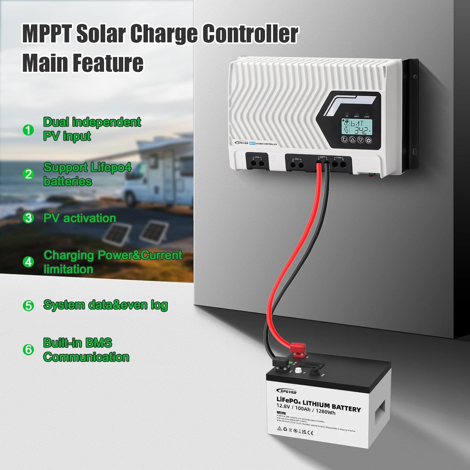 EPEVER MPPT Solar Charge Controller, 100A, Dual PV Input 150V, LCD Display, LiFePO4 Compatible