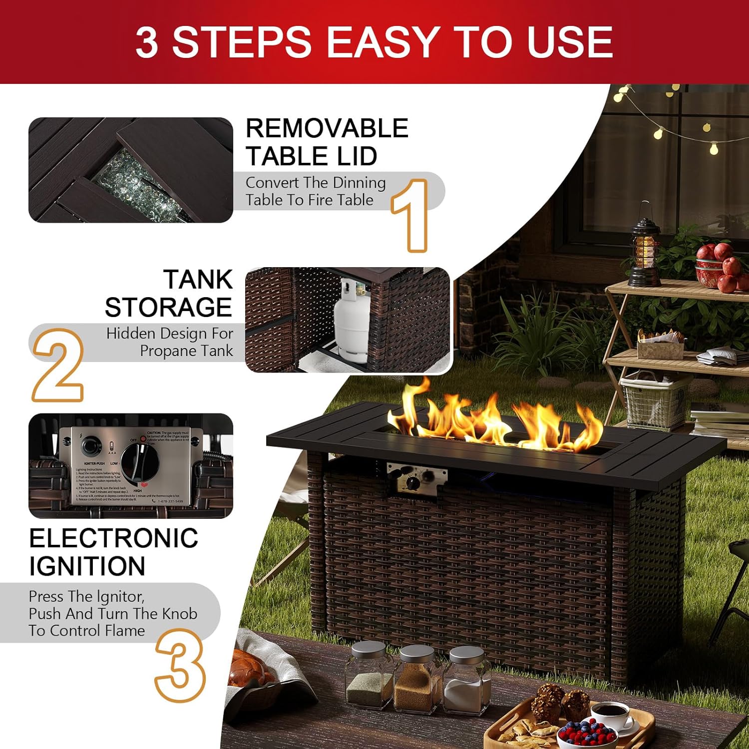 44IN Brown Wicker Gas Fire Pit Table with Side Door, Propane Powered, 50000 Btu Heat Output