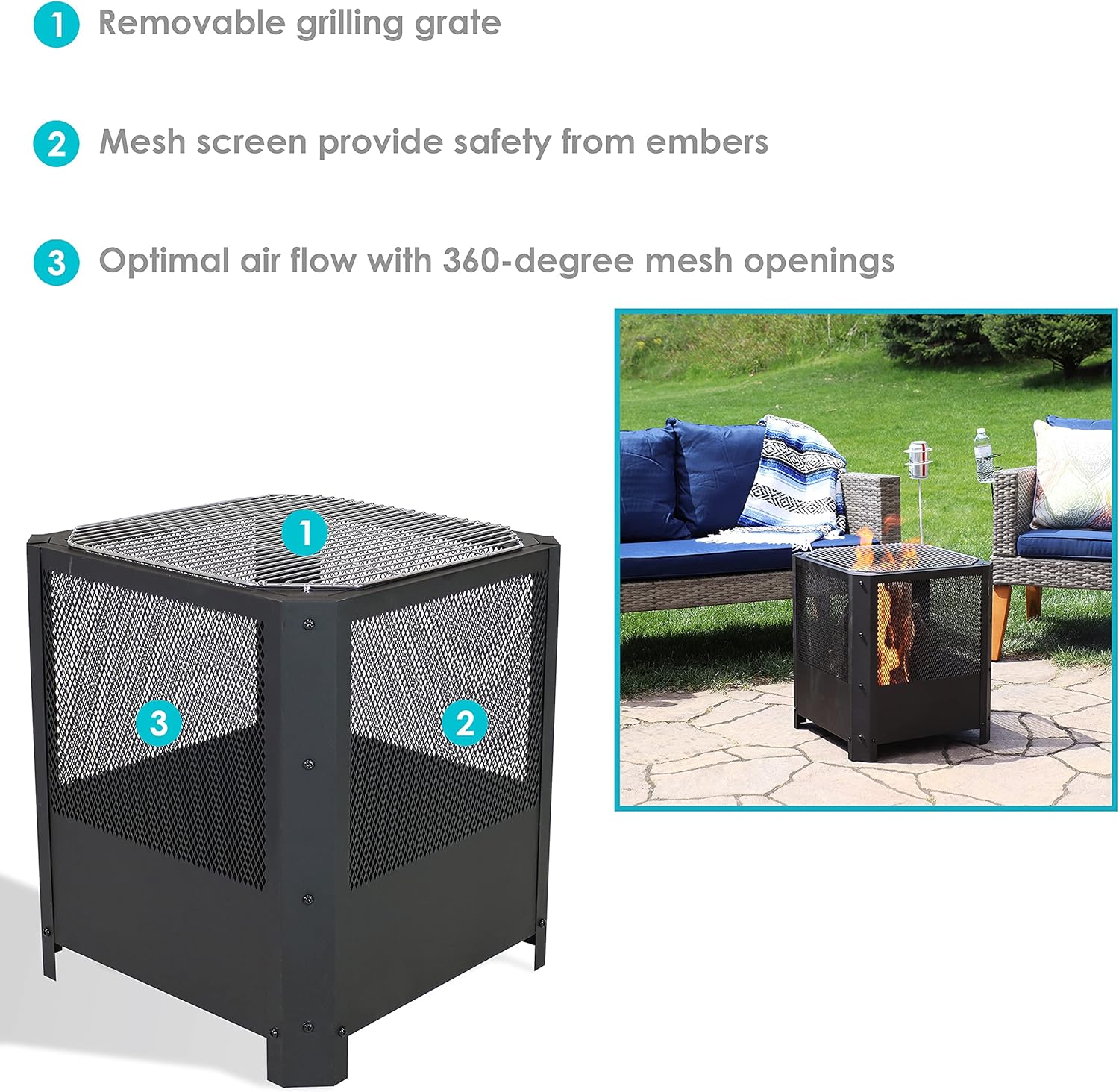 Sunnydaze Grelha 16-Inch Steel Outdoor Fire Pit with Grill - Square Wood-Burning Fire Pit for Outside - Black Finish