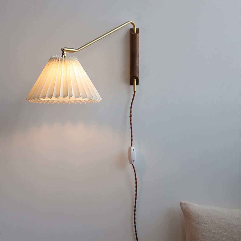 Swing Arm Plug in Wall Reading Lights for Bedroom Wood Farmhouse Wall Sconce with Pleated Fabric Shade Adjustable Long Arm Nordic Modern Wall Mounted Lamp for Bedroom Bedside Living Room