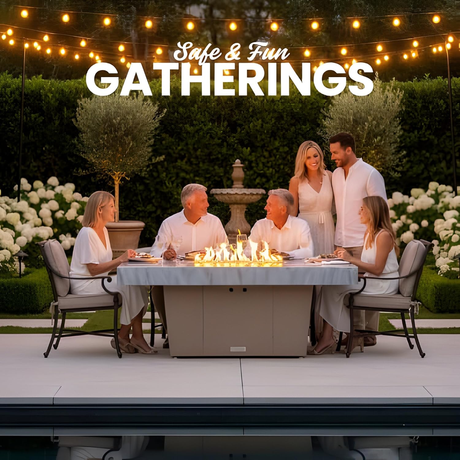 COOKE Palisades Rectangular Fire Pit Table - 52x36 - Chat Height - Natural Gas - Brushed Aluminum Powdercoat Top with 6cm Edge - Beige Powdercoat Base