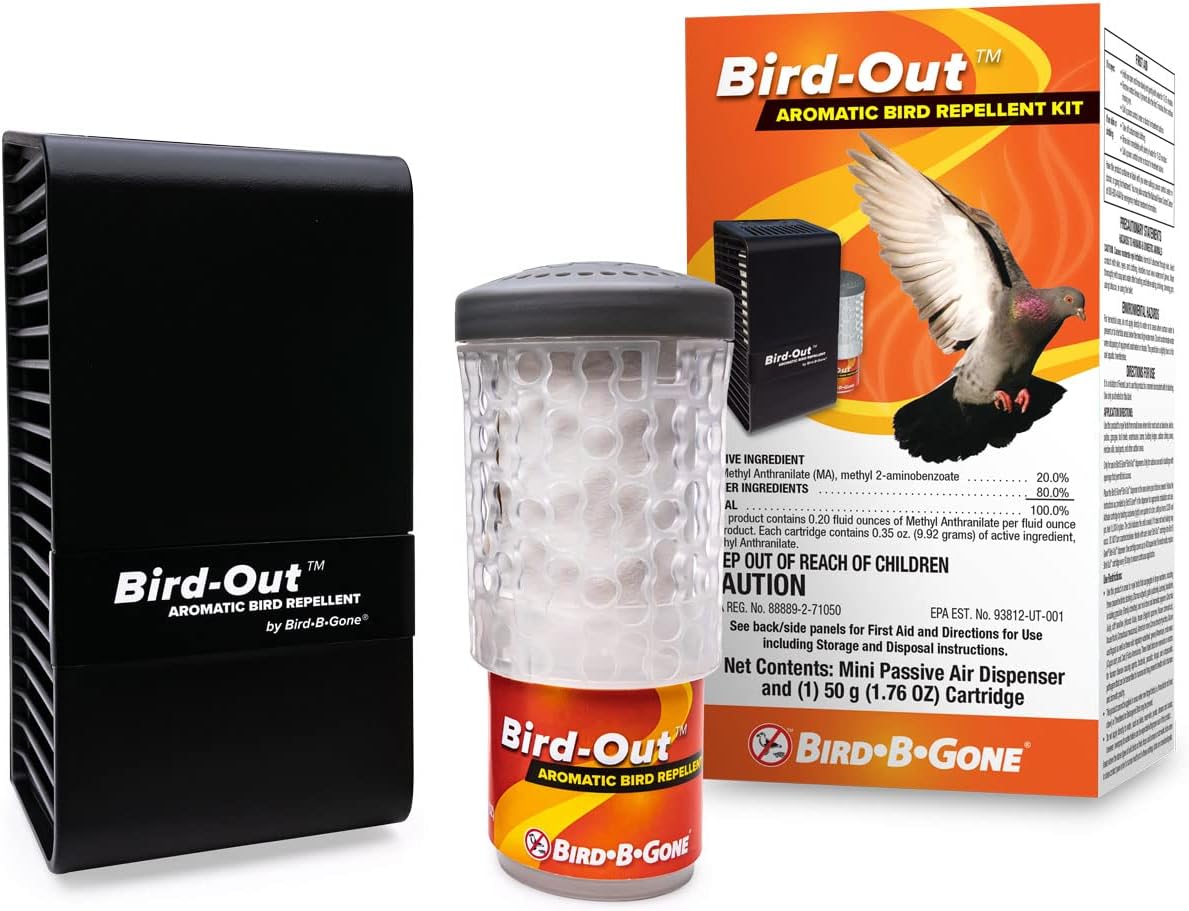 Bird B Gone - Bird-Out Aromatic Bird Repellent Kit - Dispenser & Cartridge (12 Kits) - Humane Bird Deterrent Covers 8,000 cu ft (20'x20'x20') - for Patios, Decks, Yards, Etc