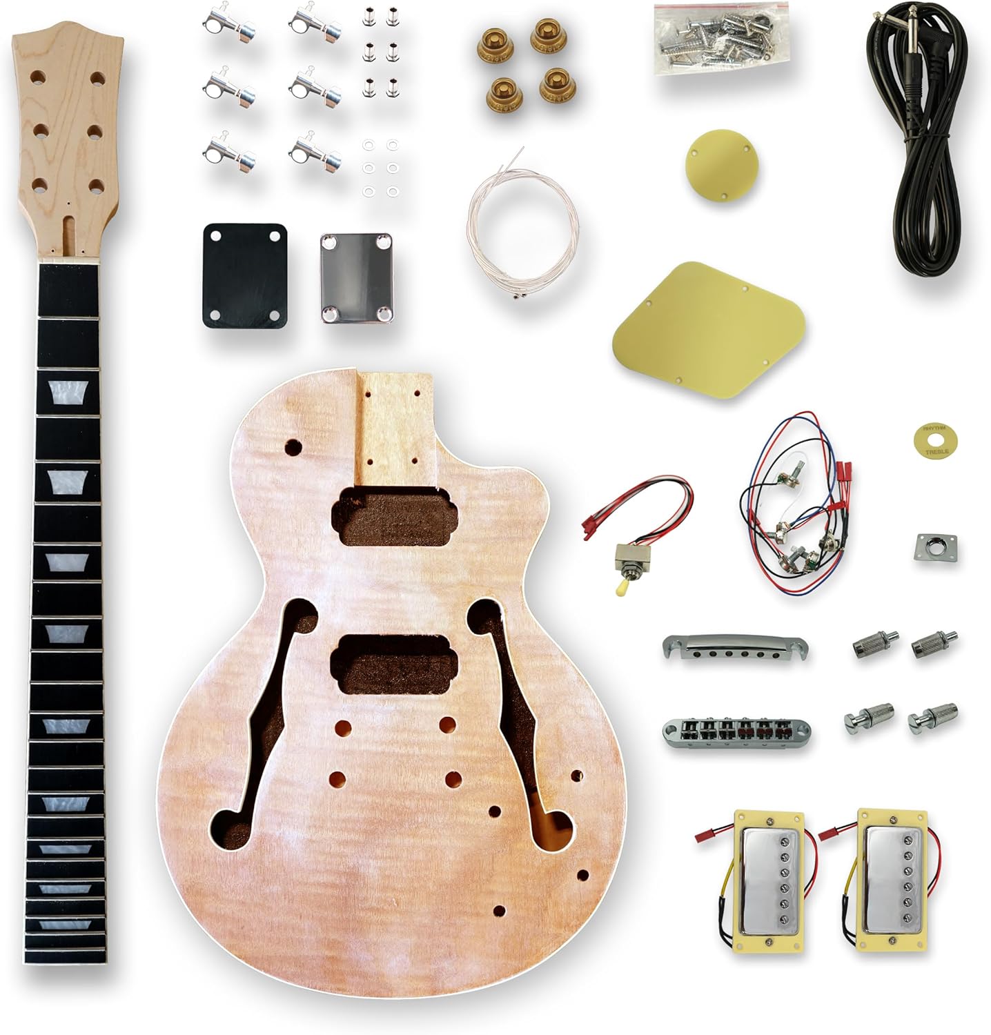 BexGears DIY Electric Guitar Kit, Natural, Right Handed, 6 String, H-H Pickup Configuration, Maple Neck, Okoume Body, Mahogany Top, Composite Ebony Fingerboard, Fixed Bridge