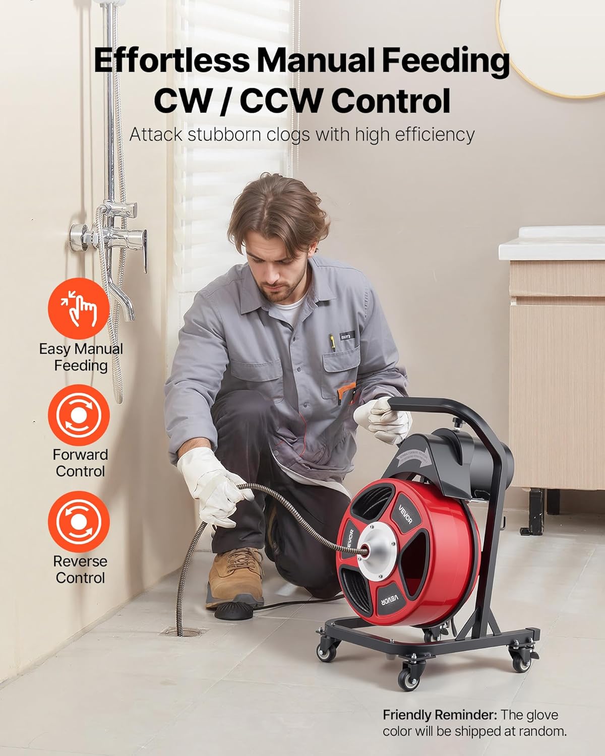 VEVOR Drain Cleaner Machine 50 FT x 1/2 Inch, Manual Feed Sewer Snake Auger on Wheels - with 4 Cutters & Air-activated Foot Switch for 2