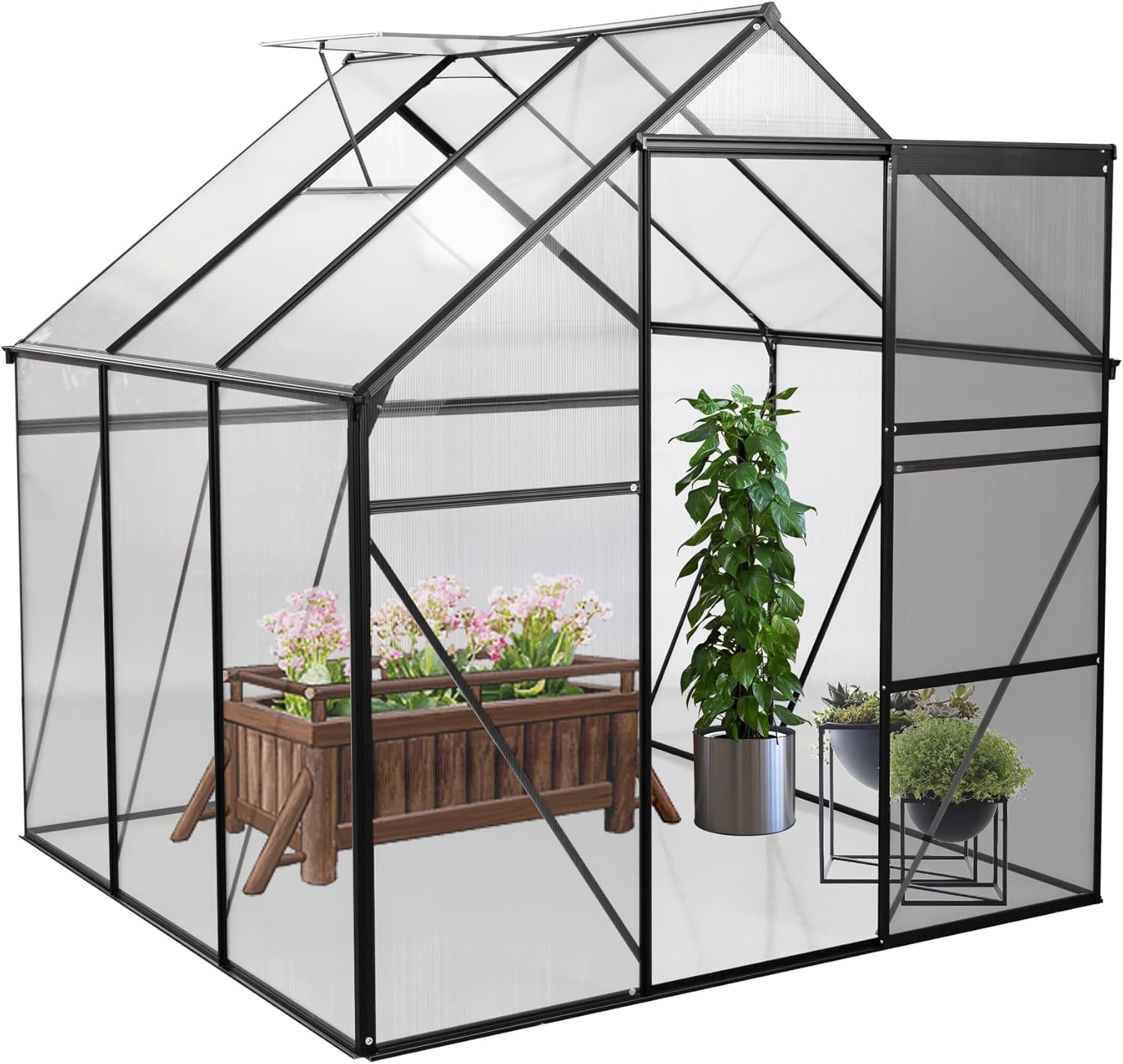 6X6 FT Greenhouse for Outdoors, Polycarbonate Green House with Sliding Door and Roof Vent, Aluminum Frame Heavy Duty Walk-in Greenhouse for Outside Garden Backyard