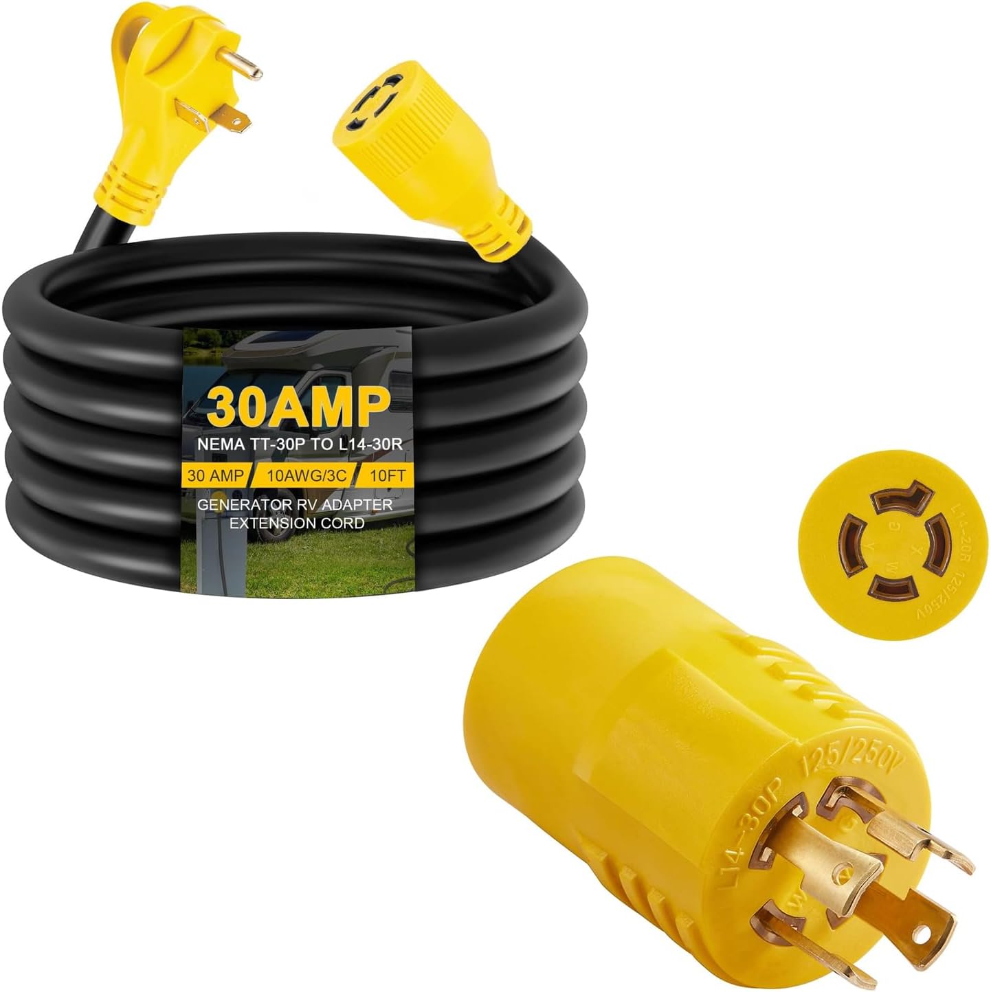 10ft Generator Transfer Switch Adapter Cord NEMA TT-30P to L14-30R and Generator Adapter NEMA L14-30P to L14-20R