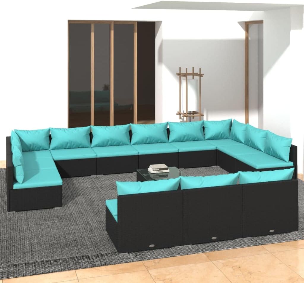 14 Piece Patio Lounge Set with Cushions Black Poly Rattan,Modern Outdoor Patio Lounge Set with Modular Design and Durability Patio Furniture Sets, Outdoor Furniture Sets