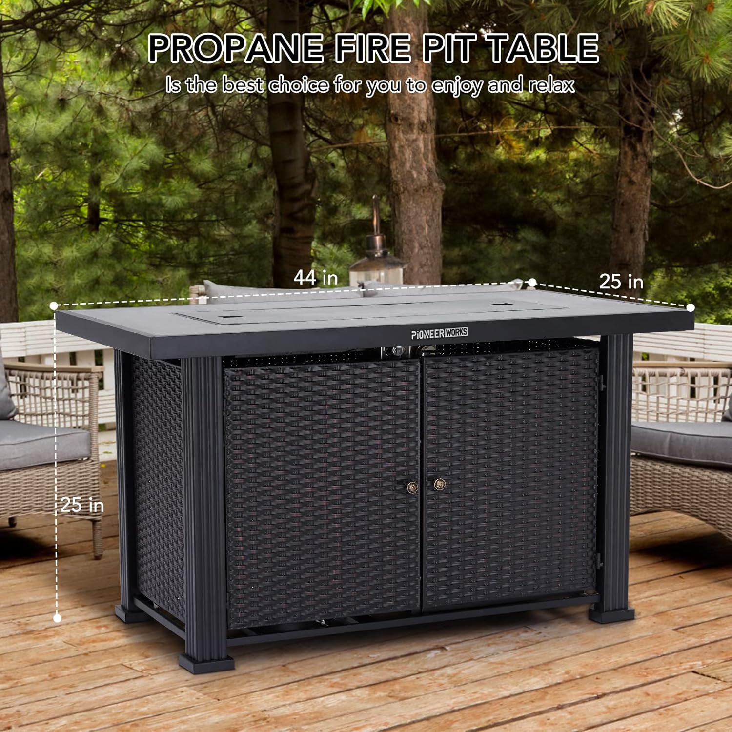44 in Propane Fire Pit Table (Double Door), 50000BTU Rectangle Fire Table with Cover & Rain Cover, Sturdy Steel and Iron Fence Surface, CSA Safety Certified, Companion for Your Garden
