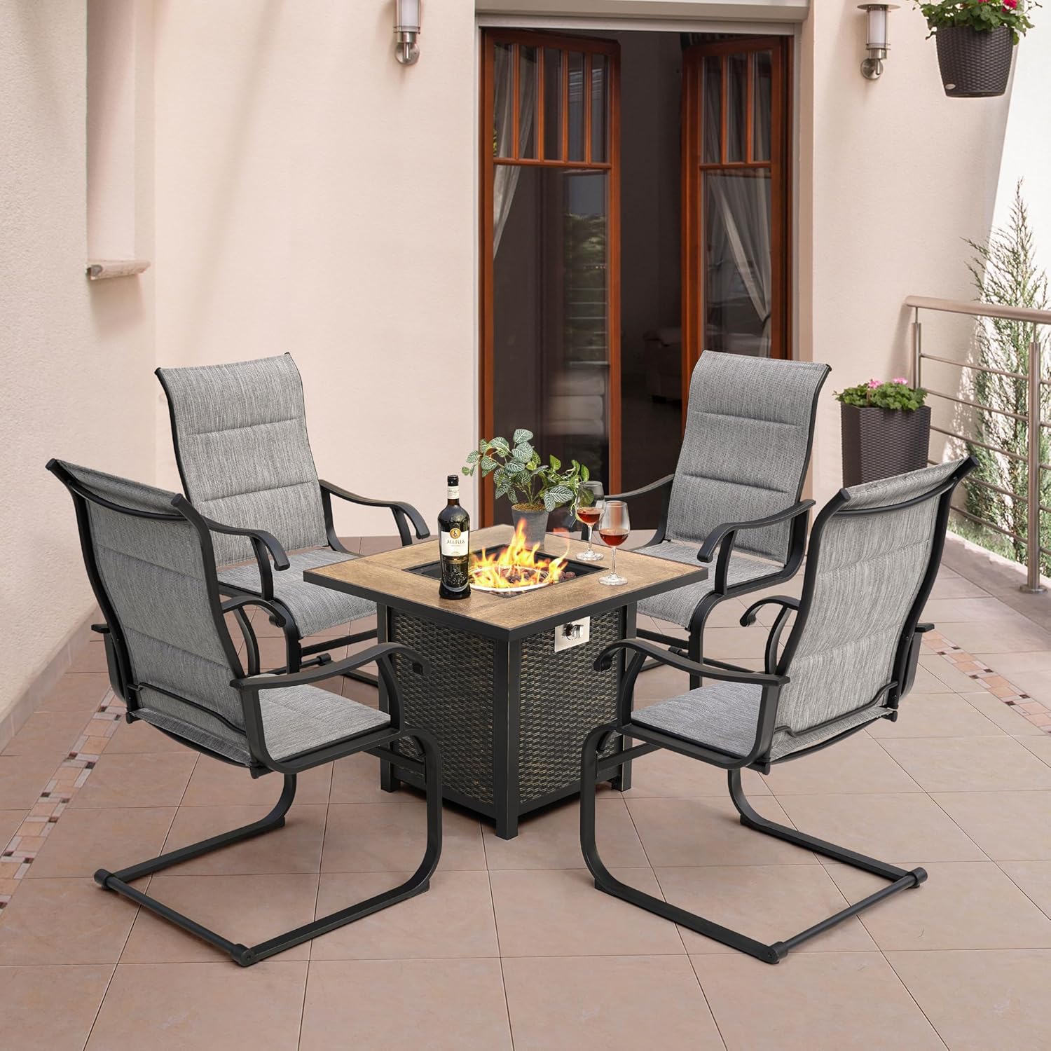 NUU GARDEN 5-Piece Fire Pit Table Set with 4 Textilene Dining Chairs for Patio Outdoor, 50,000 BTU Patio Metal Fire Pit, Lava Rocks and Lid for Backyard, Deck, Poolside, Garden