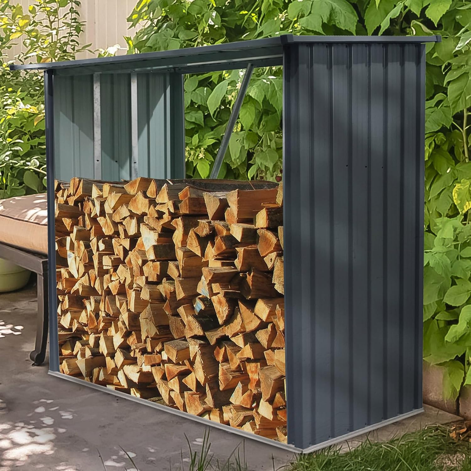 Outdoor Firewood Storage Shed, Steel Firewood Rack with Reinforced Base, 2 in 1 Metal Tool Sheds Cabinet, Multi-Functional Shelter for Patio Garden Backyard (3FT*7FT)