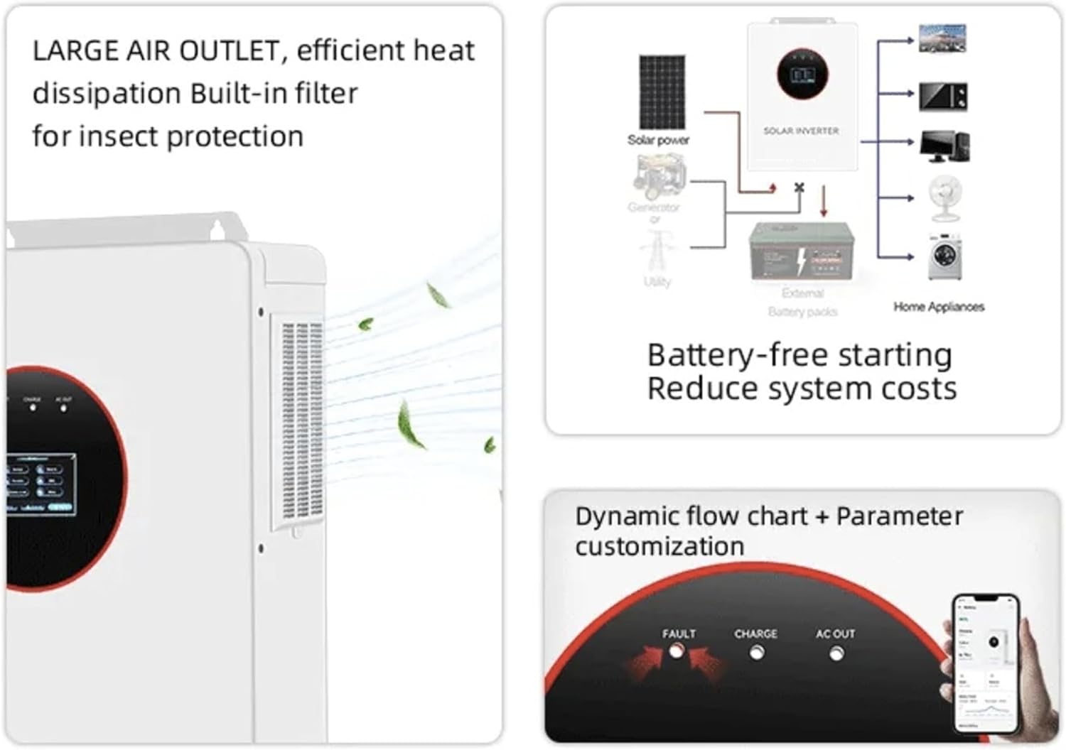 Liniotech 3600W Off-Grid Solar Inverter, 48V Pure Sine Wave Hybrid Inverter, 4000W MPPT, 300V PV VOC, 120V AC Output, WiFi USB RS485 GPRS Monitoring, Lithium/Lead-Acid Battery Support