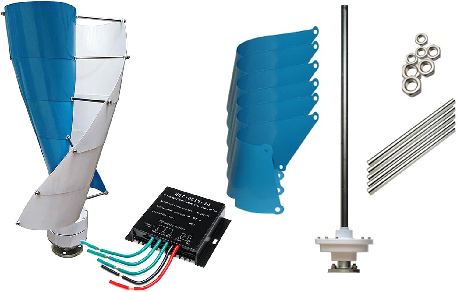 600W Blue Spiral Turbine Generator+Controller Kit, 12V/24V/48V Wind Turbine Generator for Outdoor Garden Energy Generation Wind Power