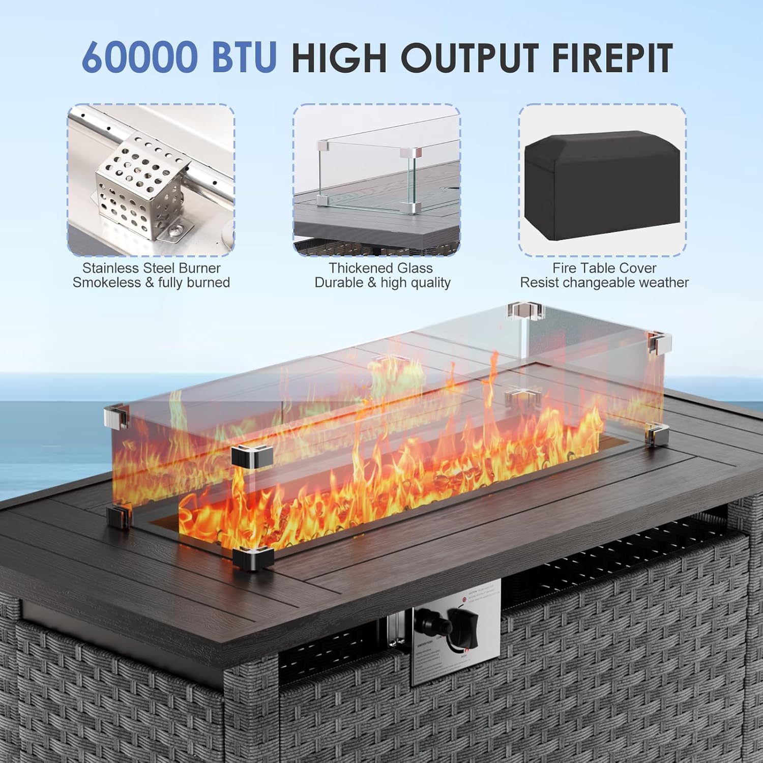 7 PCS Patio Furniture Set 60000BTU 44-Inch Outdoor Propane Fire Pit Table Wicker Outdoor Sectional Coversation Set, Thick Cushion & Deep Seat, Outdoor Furniture Sets for Porch,Backyard,Deck (Grey)