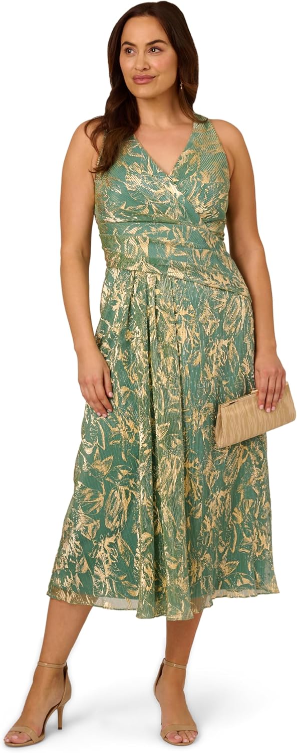 Adrianna Papell Womens V Neck Soft Skirt Midi Dress