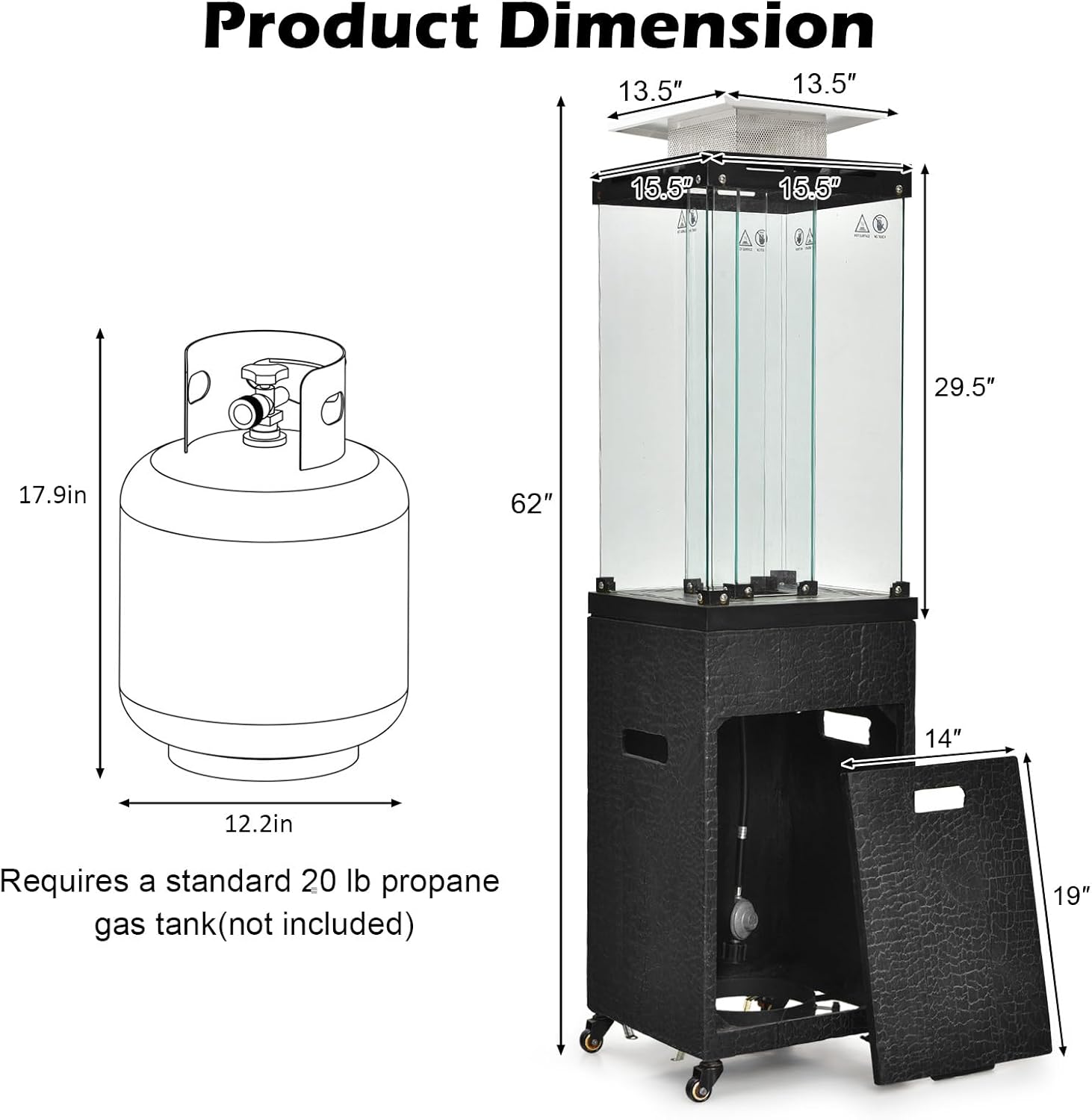 Tangkula 41,000 BTU Propane Patio Heater with Waterproof Cover, Outdoor Heater with Lockable Wheels, Adjustable Feet, Tempered Glass Tube, Suitable for Garden Porch Patio Deck (Black)
