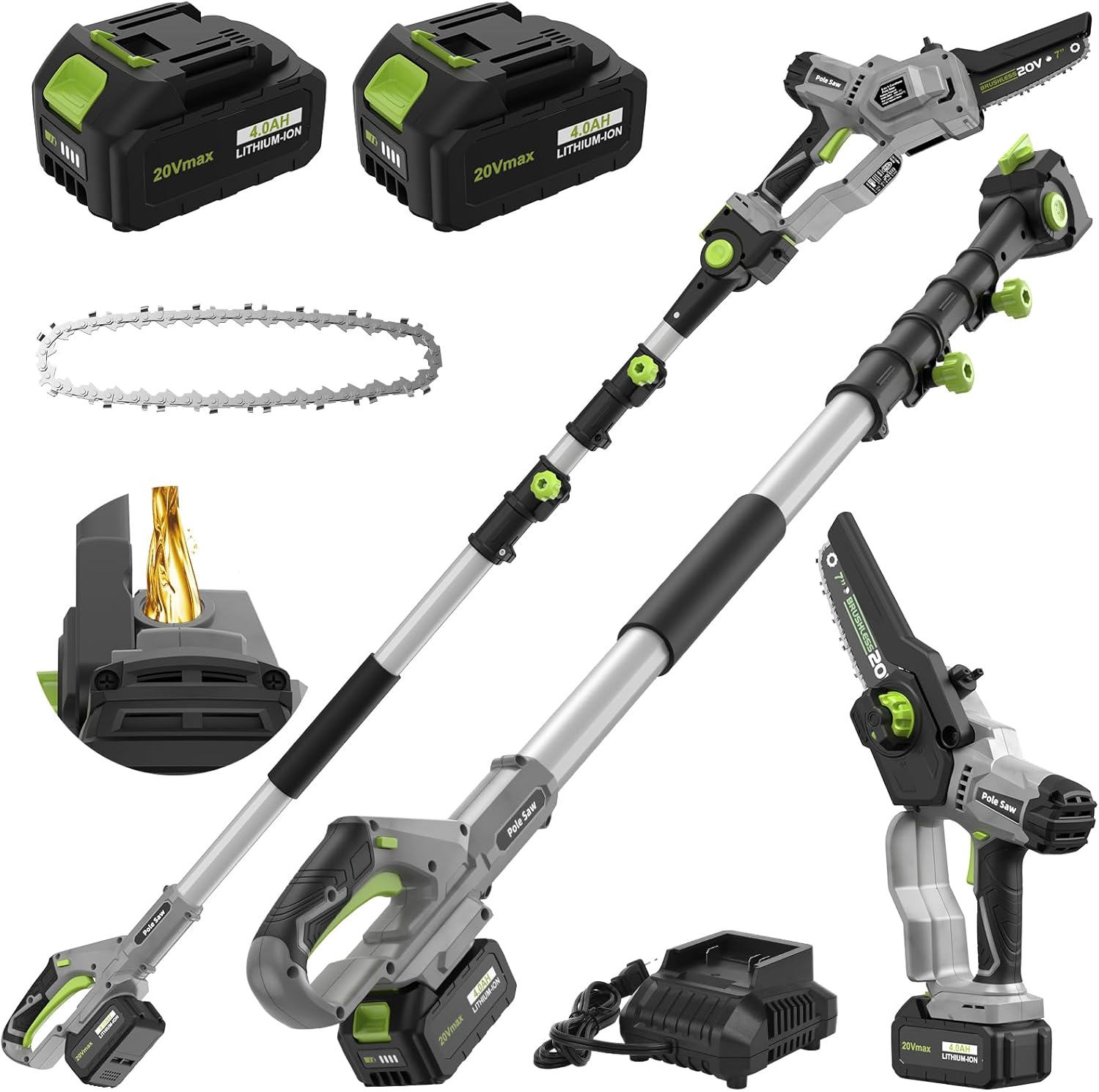 2-in-1 Cordless Pole Saw (2025 Upgraded), 7 Inch Brushless Mini Chainsaw with Extension Pole, Pole Saws for Tree Trimming Battery Powered with 2x 20V 4000 mAh Battery, 16ft Reach Electric Pole Saw