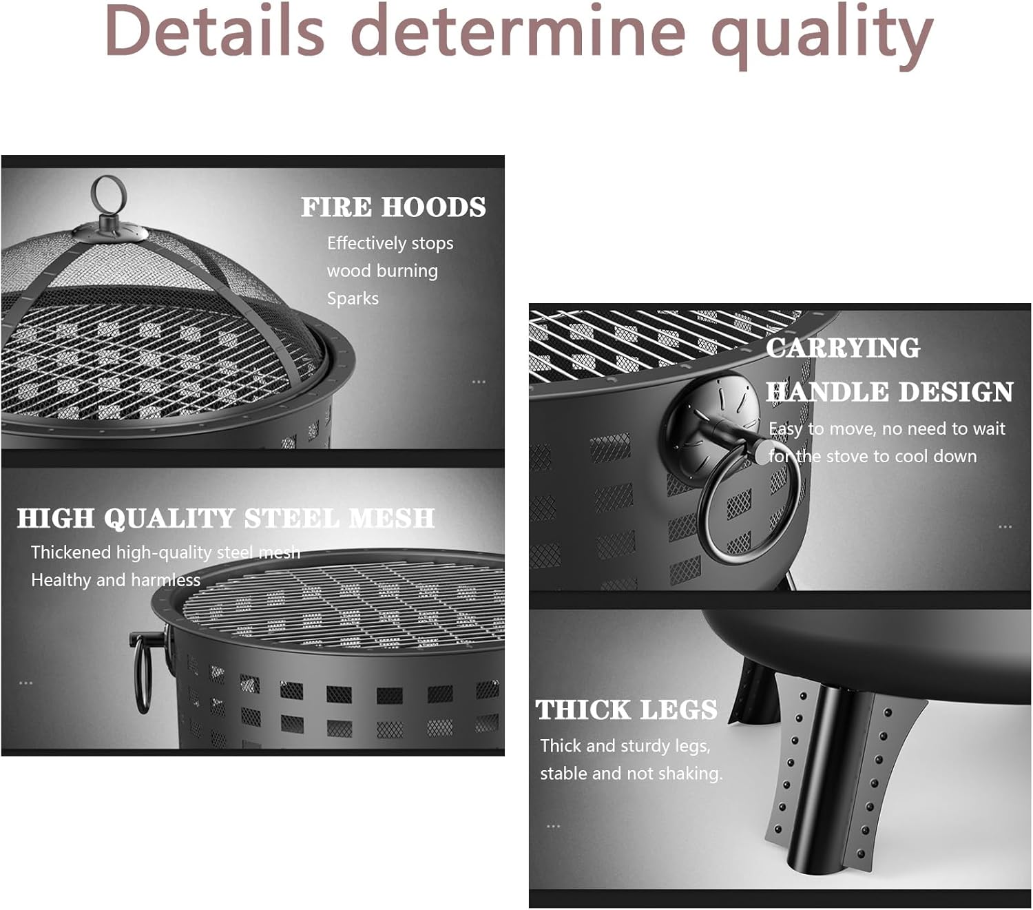 for Campfires/Heating/Barbecues/Patio's Fire Pit,with Fire Cover and Double Side Hanging Loops,Stable Structure - 65×29cm - Black