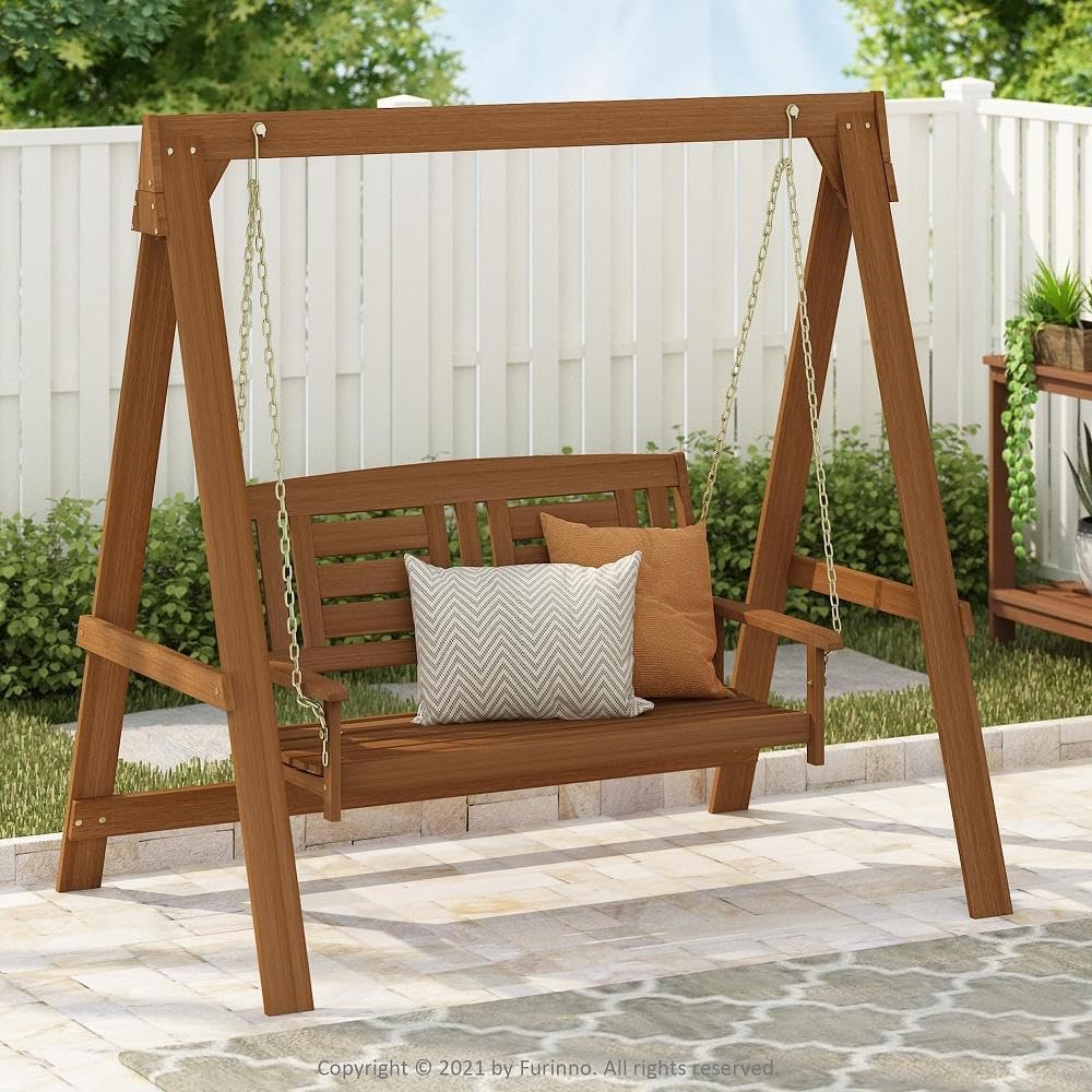 Furinno Tioman Hardwood Patio / Garden / Outdoor 4ft Porch Swing, 2 Seater with Stand, Natural