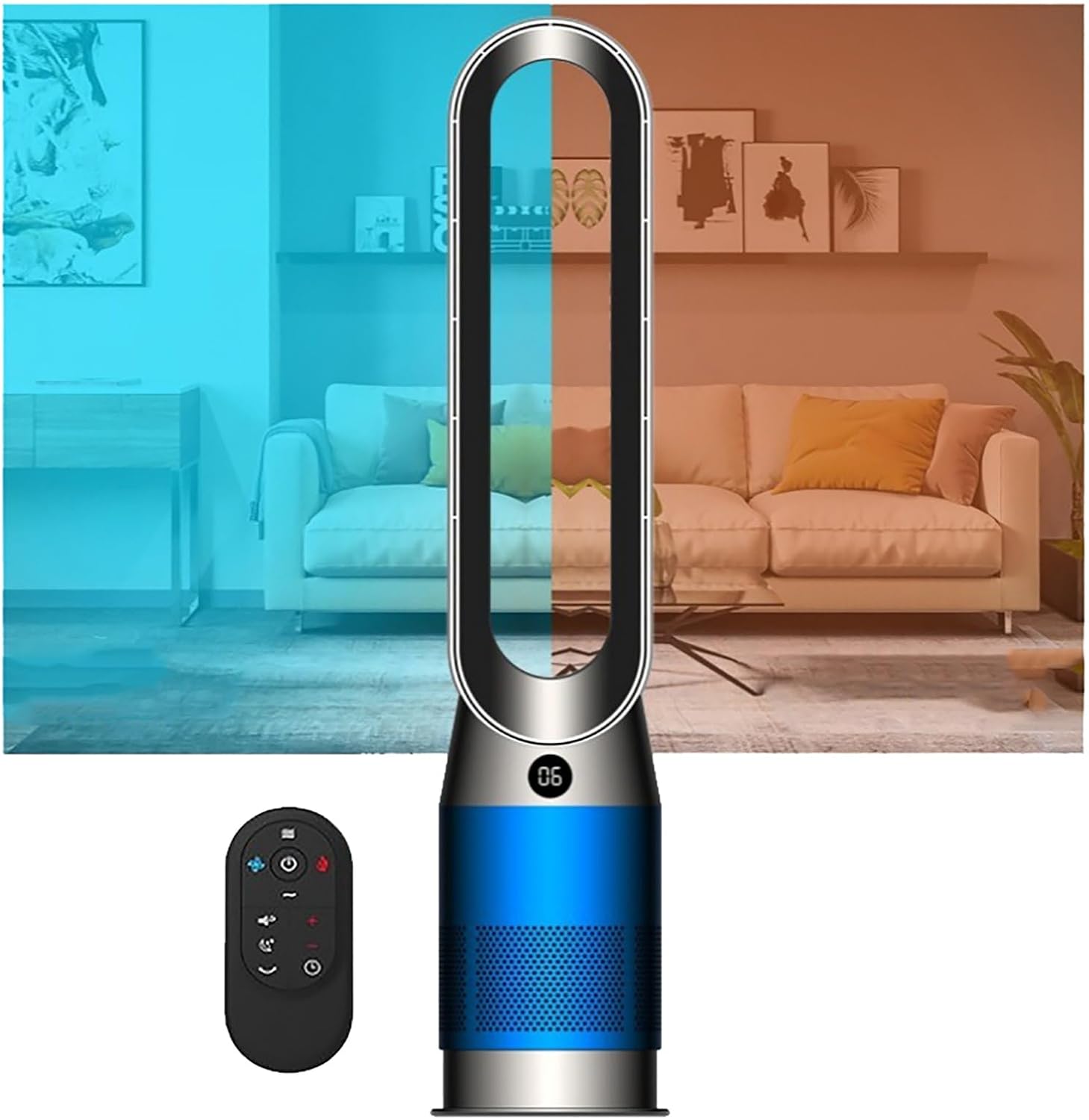 Warm and Cold Fan/Bladeless Fan/Home Heater/Floor Air Circulation Fan/Tower Fan,20 * 88cm,with Remote Control,3-Speed Warm Air,8-Speed Cool Air(Blue)