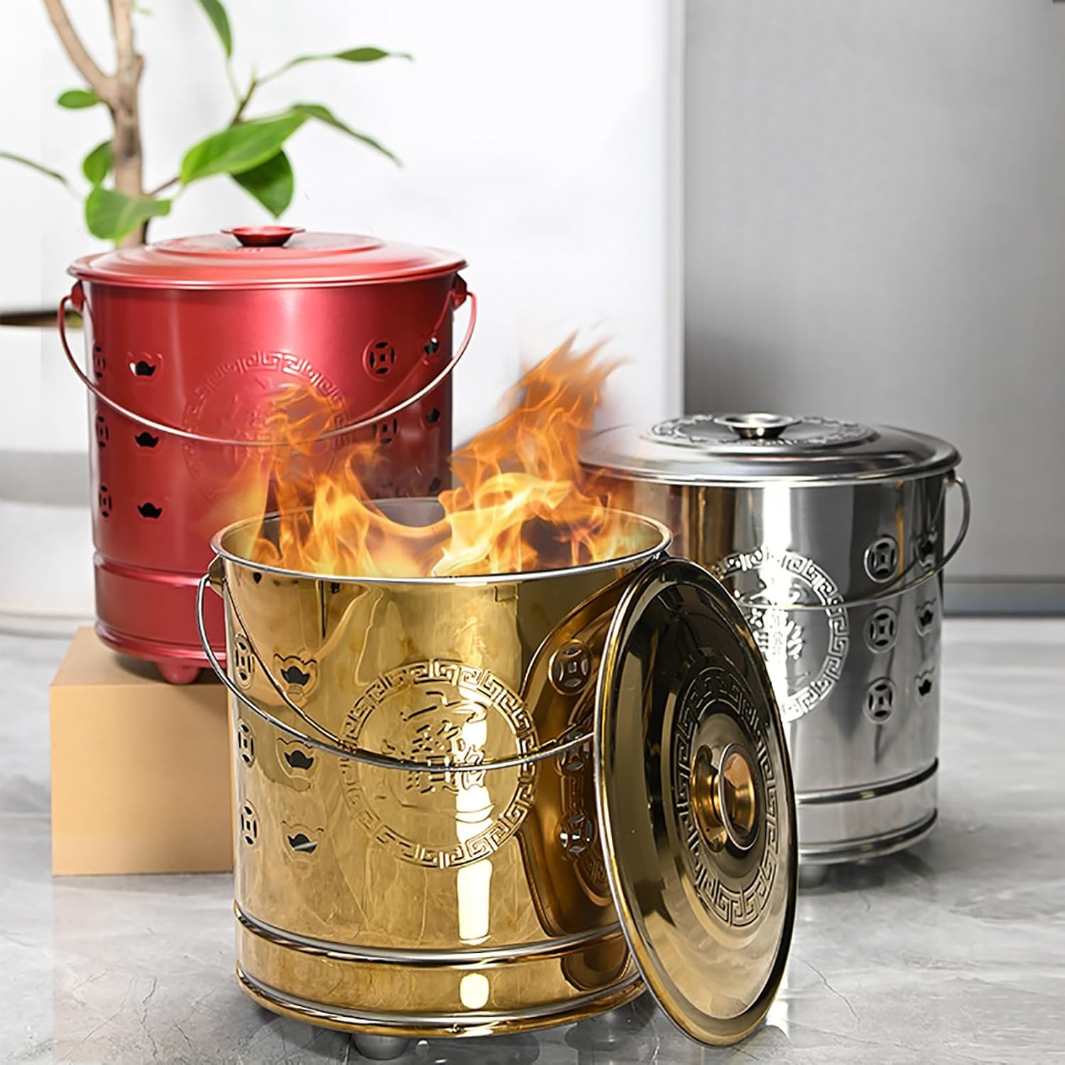 KAVERN Stainless Steel incinerator, fire Pit, Burn Barrel for Outside, with Lid and Handle, for Paper, Leaf, Trash(Small)(M)