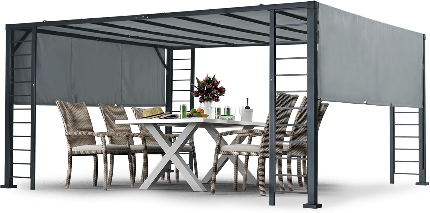 HAPPATIO 13' X 15' Outdoor Retractable Pergola, Metal Patio Pergola with Retractable Sun Shade Canopy and Aluminum Frame for Patio, Backyard, Garden (Grey)
