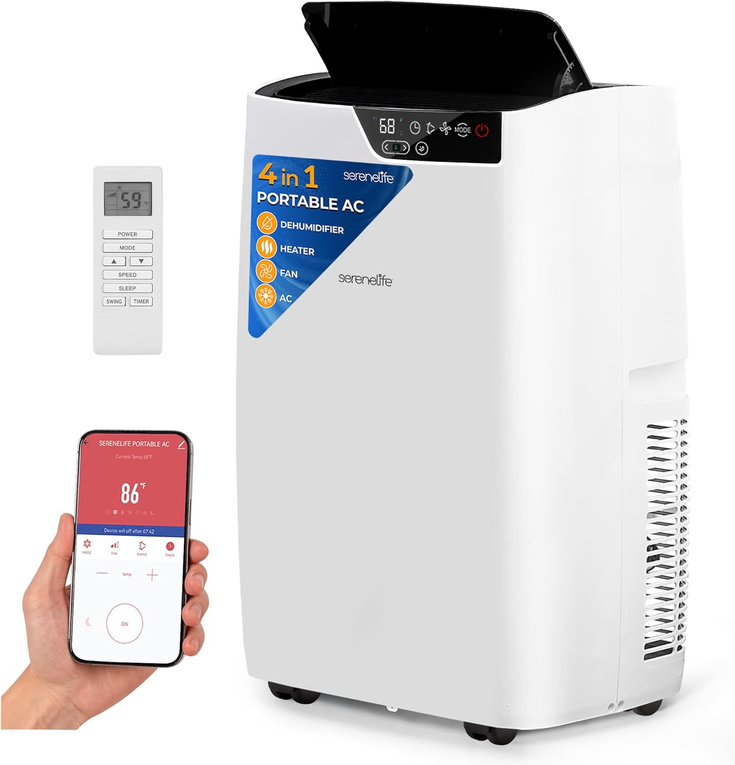 SereneLife Portable Air Conditioner 12000 BTU, 4-in-1 Compact Standing Air Conditioner for Room Up to 380 Sq. Ft., Touch Control Panel, High Efficiency CEER 7.22 and Auto Mode for Easy Operation