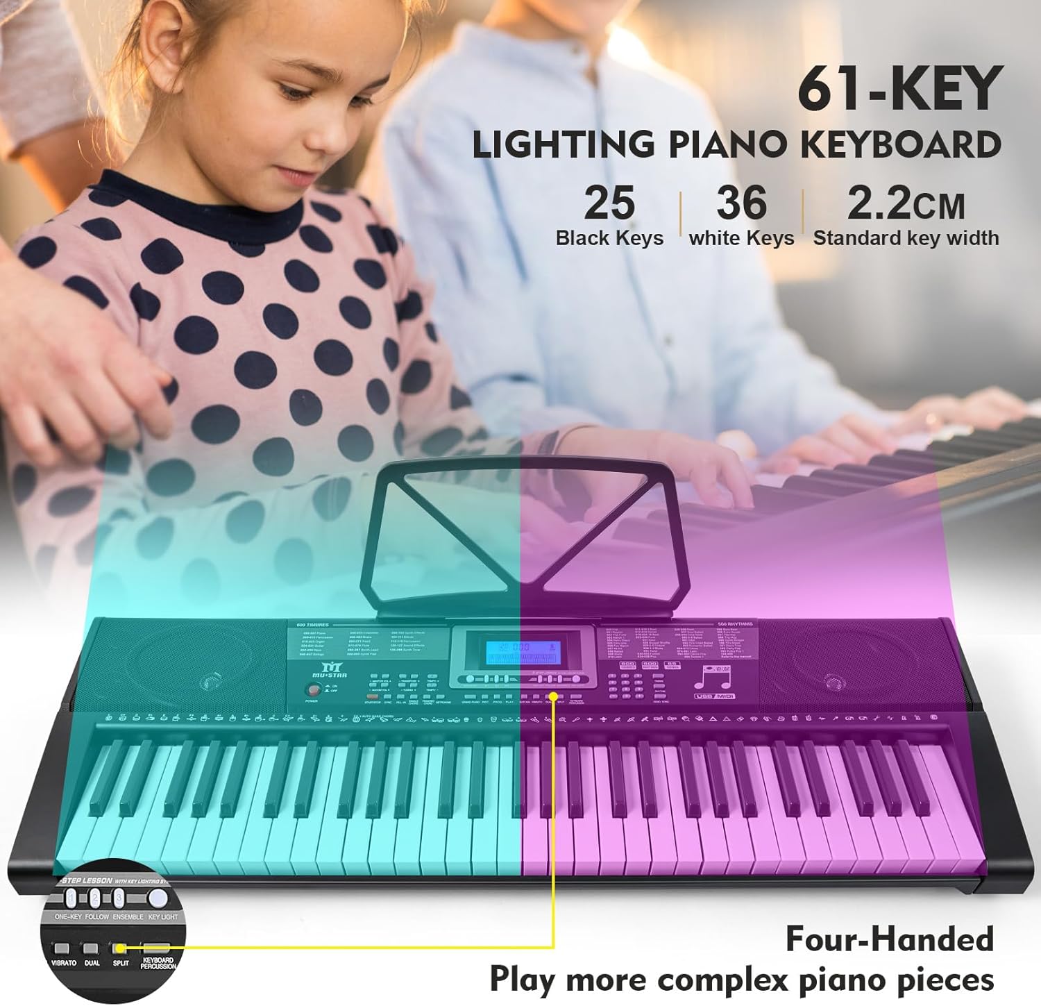 MUSTAR Piano Keyboard, 61 Key Keyboard Piano with Lighted Up Keys, Electric Piano Portable Piano Keyboard for Beginners with Stand, Sustain Pedal, Headphones, Microphone