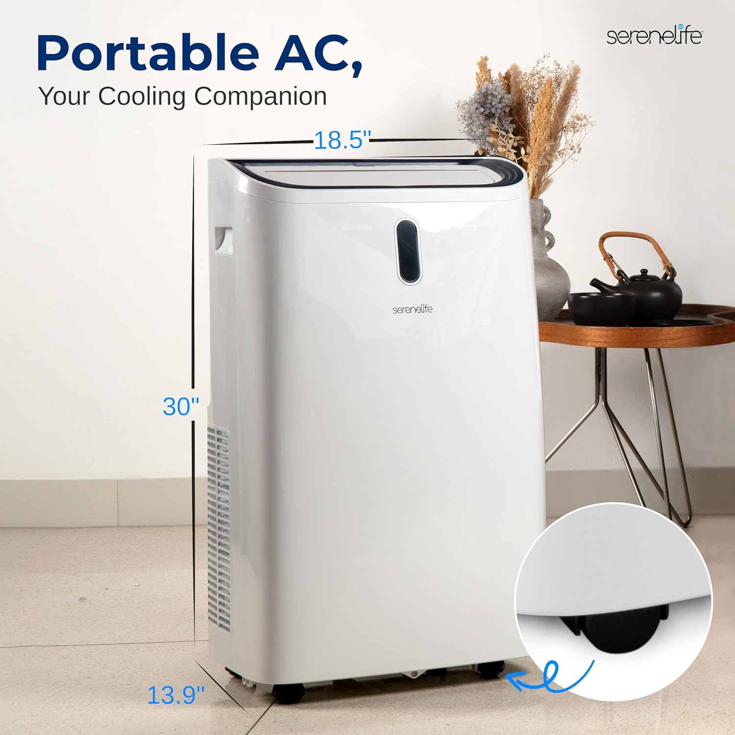 SereneLife 12000 BTU Portable Air Conditioner - 3-in-1 Compact Standing Air Conditioner for Room Up to 380 Sq. Ft. - Floor AC Unit with Remote Control - Universal Casters, Window Mount Kit