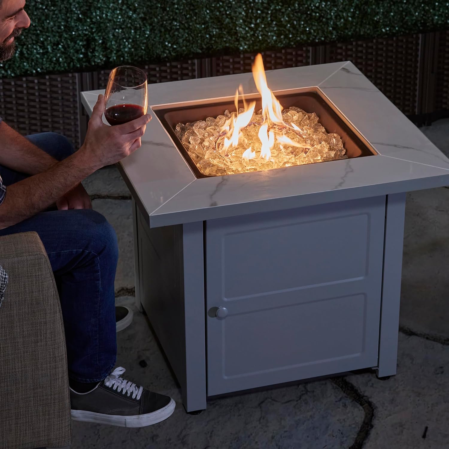 Endless Summer 30 Inch Square Outdoor Gas Fire Pit Table with Marble Mantel, Slate Finish, White Fire Glass, and Protective Cover