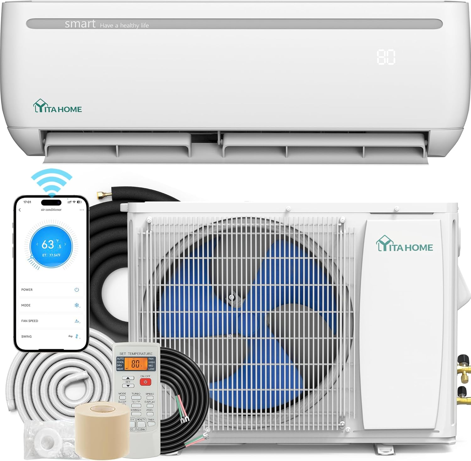 YITAHOME 12000 BTU Mini Split Air Conditioner Heat Pump System, 17 SEER2 208-230V Ductless Inverter System with Wi-Fi & Alexa Compatibility, Cover Up to 750 Sq. Ft, Complete Installation Kit Included