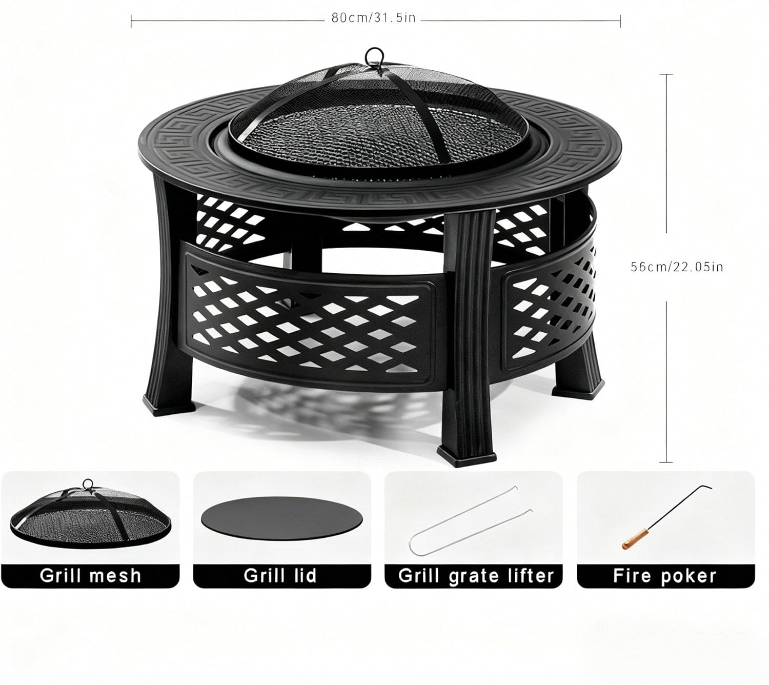 31.5 Inch Fire Pit with Grill, Wood Burning Fire Pits for Outside Garden with Lid, Fire Poker, BBQ & Outdoor Firepit & Round Metal Table for Camping, Picnic, Bonfire, Patio, Picnic, Party