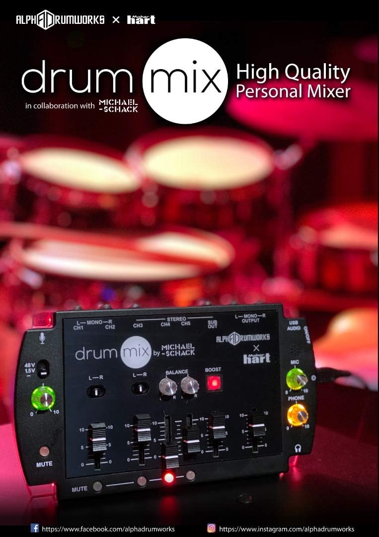Maker hart Drum Mixer Compact 6 Ch Multitrack Audio IN/3.5mm Stereo/6.3mm Mono L/R/Mic IN/USB Audio out/Build in MIC
