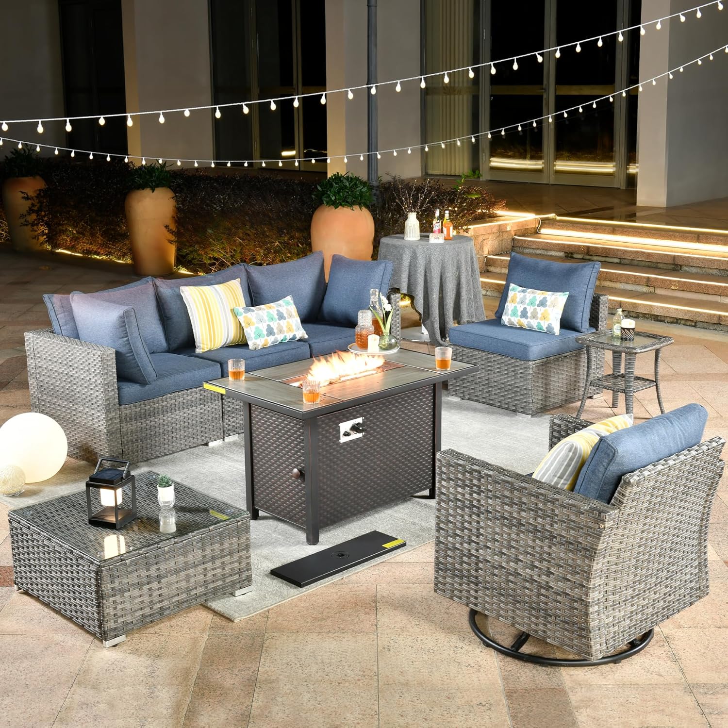 Weaxty 8 piece outdoor patio furniture set，Wicker Outdoor sectional Furniture with 42-inch Fire pit Table, Rocking Swivel Chairs, Coffee Table for Garden, Patio(Denim Blue)