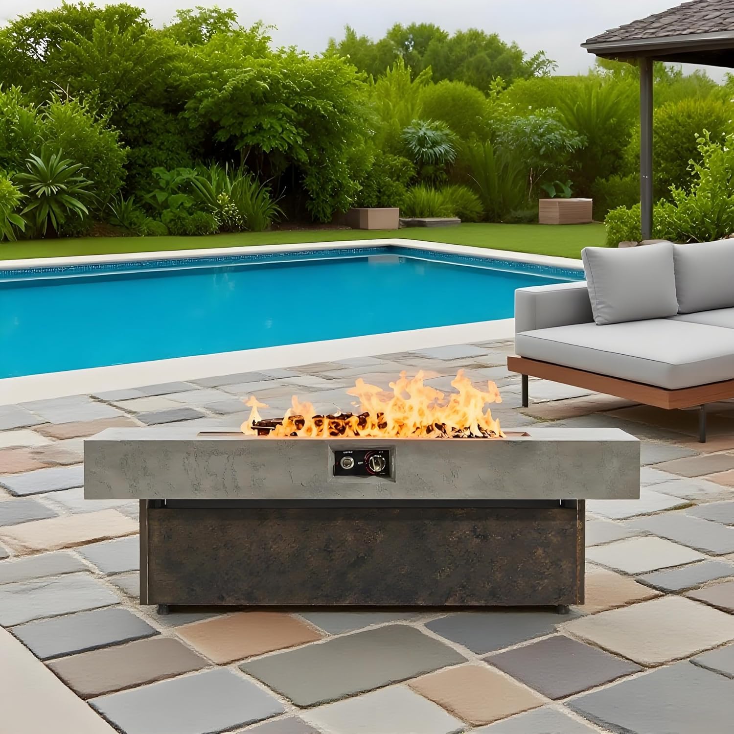 Outdoor Propane Fire Pit Table 50,000 BTU: Modern Cement-Textured Rectangle Design with Electronic Ignition & 3-Height Adjustment - Premium Patio Heating Solution for Boutique Hotels & Vacati