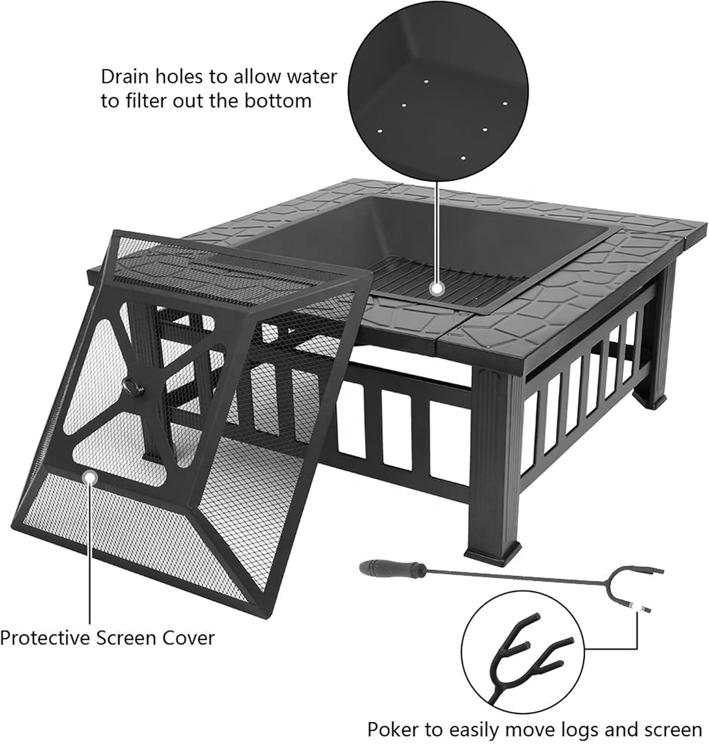 3-in-1 Fire Pits & BBQ Grill & Ice Buckets, Wood Burning Steel Firepit Bowl, Outdoor Heater Heating Basin w/Spark Screen, Fireplace Poker, Grate
