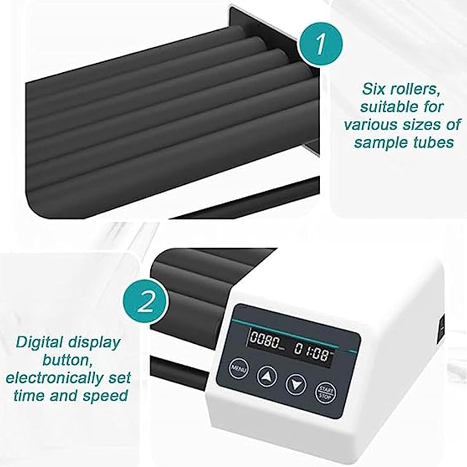 Lab Roller Mixing Machine, Lab Orbital Shaker Mixer(20-80rpm), Drum: 6/8 Rollers(Length:28CM), with Continuous/Timer Mode, High/Low Axis, for 6-34 MM Centrifuge Tubes,6pro