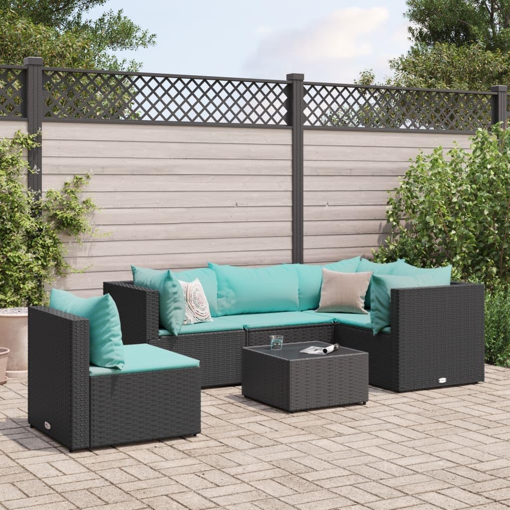 Furniture Sets 6 Piece Patio Lounge Set with Cushions Black Poly Rattan,Modern Outdoor Garden Lounge Set with PE Rattan Corner Sofa, Middle Sofa, Table, and Cushions Garden Conversation Sets
