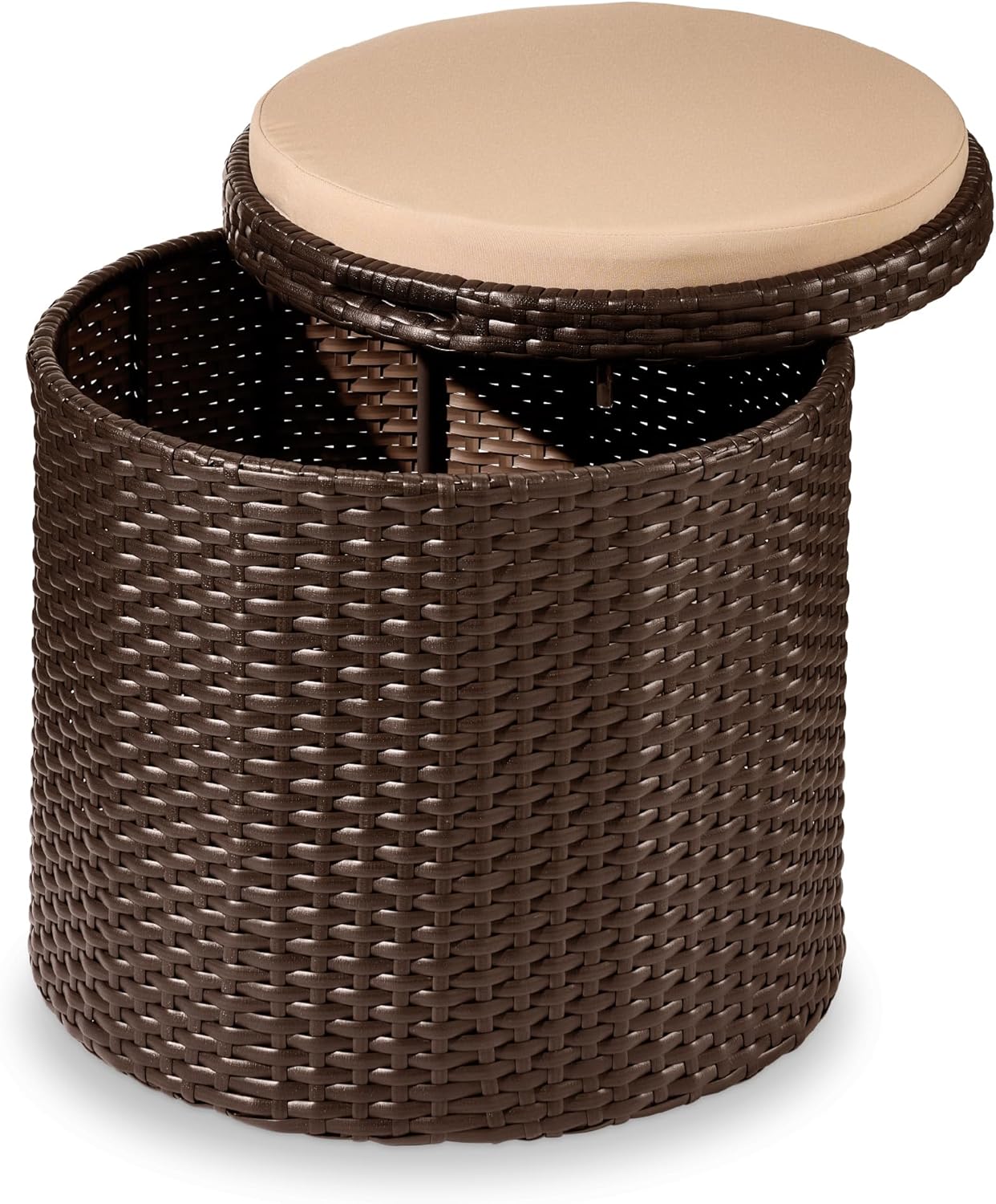 Best Choice Products Round Wicker Ottoman, Multipurpose Outdoor Furniture for Patio, Backyard, Additional Seating, Footrest, Side Table w/Storage, Removable Cushions – Brown/Beige