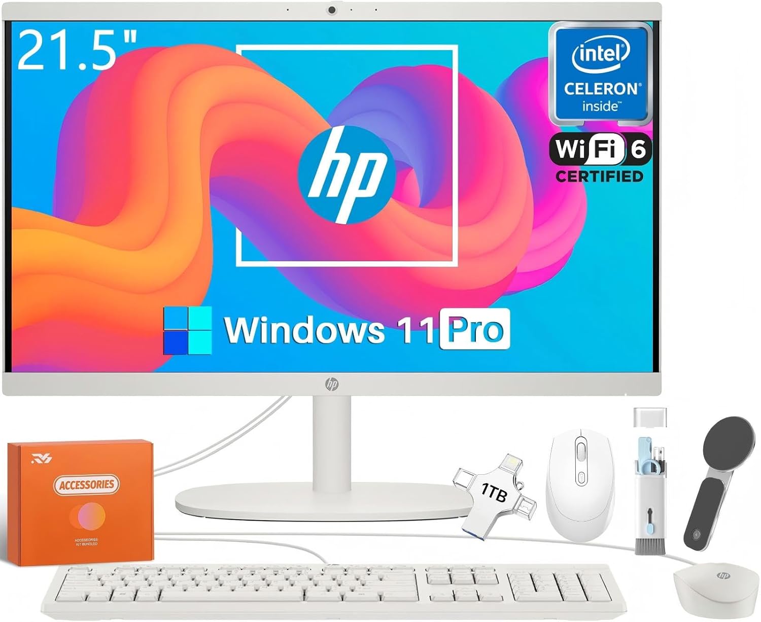 HP All in One Desktop Computer for Home, Intel Celeron J4025, 21.5 inch FHD Anti-Glare, WiFi 6, 16 GB DDR4, 1 TB SSD, 1TB USB Flash Drive, Home PC, Wired KB & Mouse, Windows 11 Pro, W/Accessories