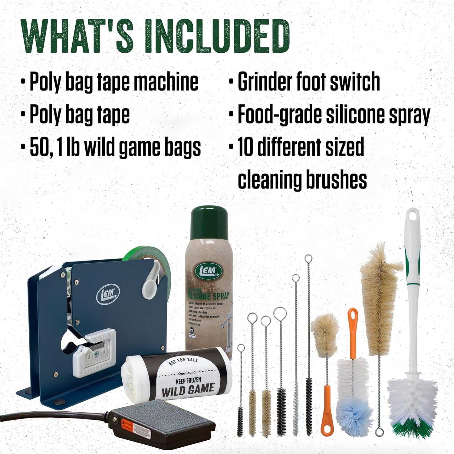 LEM Products Grinder Accessory Kit, Includes Foot Switch, Poly Bag Tape Machine, Meat Bags, Silicone Spray, and Brushes