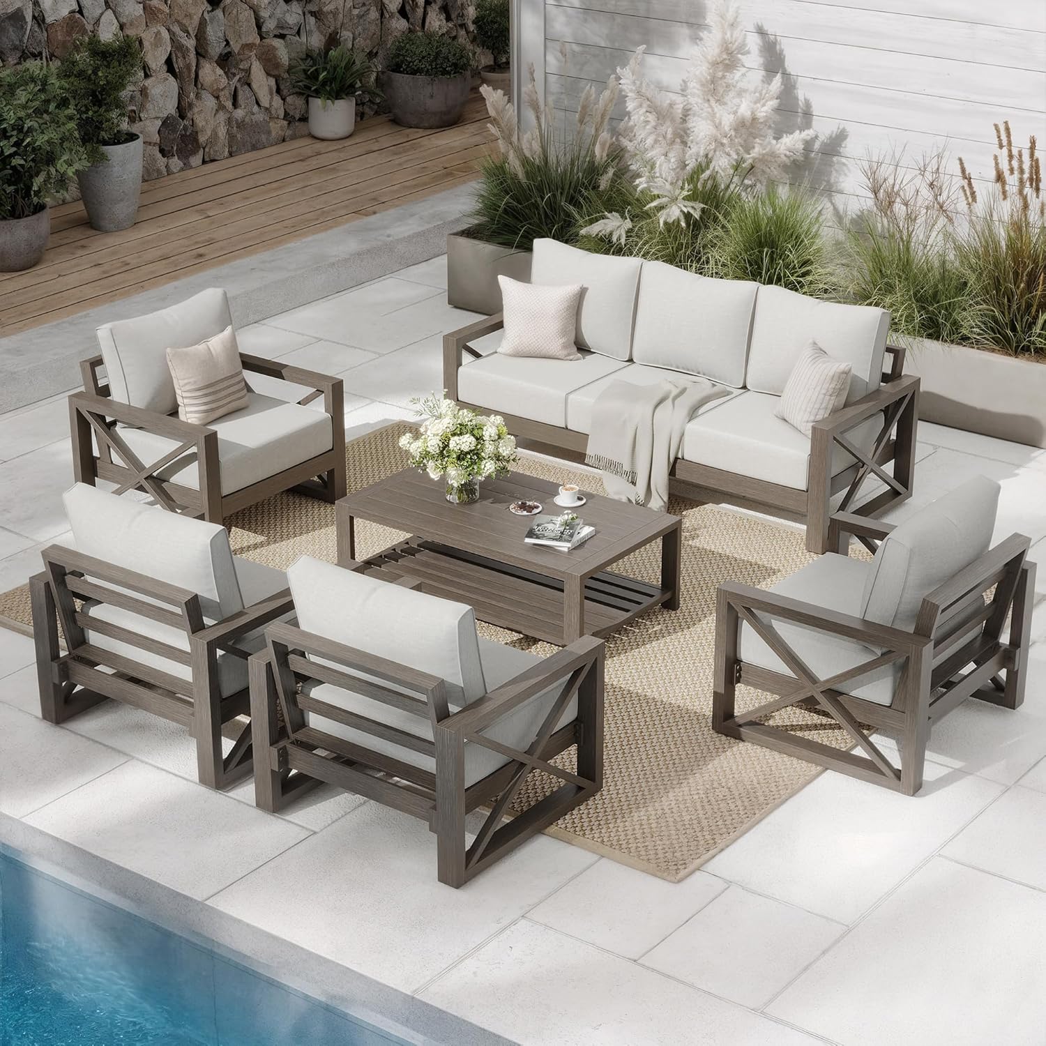 UDPATIO 6 Piece Aluminum Patio Furniture Set 7 Seats Modern Outdoor Furniture Faux Wood Grain Patio Conversation Sets with Olefin Fabric Thick Cushions, 600D Waterproof Cover Included, Light Grey