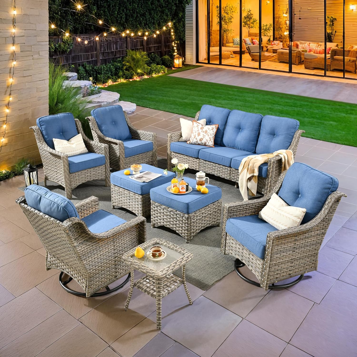 Outdoor 8 Pieces Coversation Set with Swivel Rocking Chair, Patio Furniture High Back Couch with Ottoman, Rattan Wicker 3-Seater Sofa for Porch Balcony Backyard,Blue