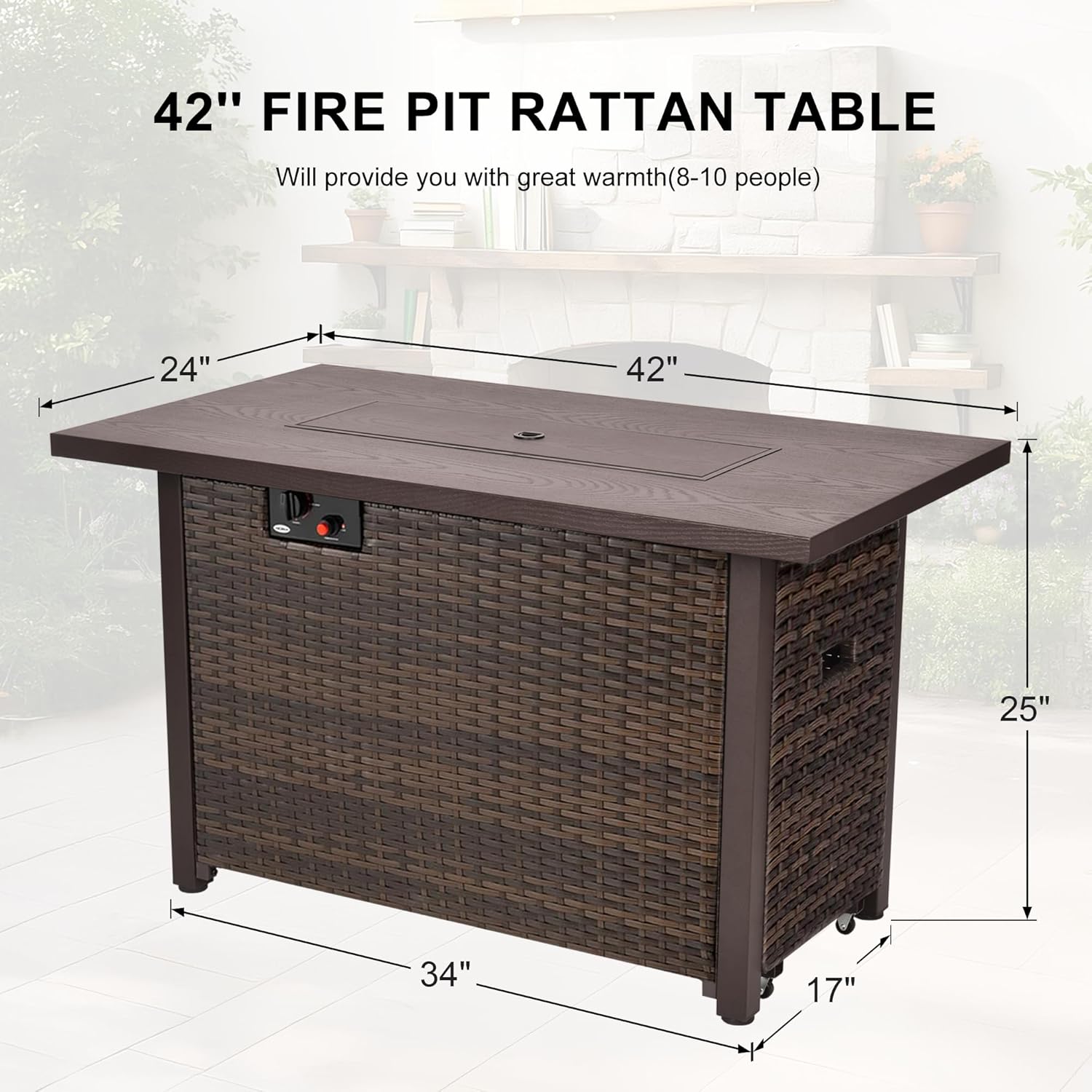 42 Inch Propane Fire Pit Table, 50,000 BTU Outdoor Gas Fire Pits with Removable Lid, 2 in 1 Rectangular Firepit Table for Outside Patio Deck and Garden