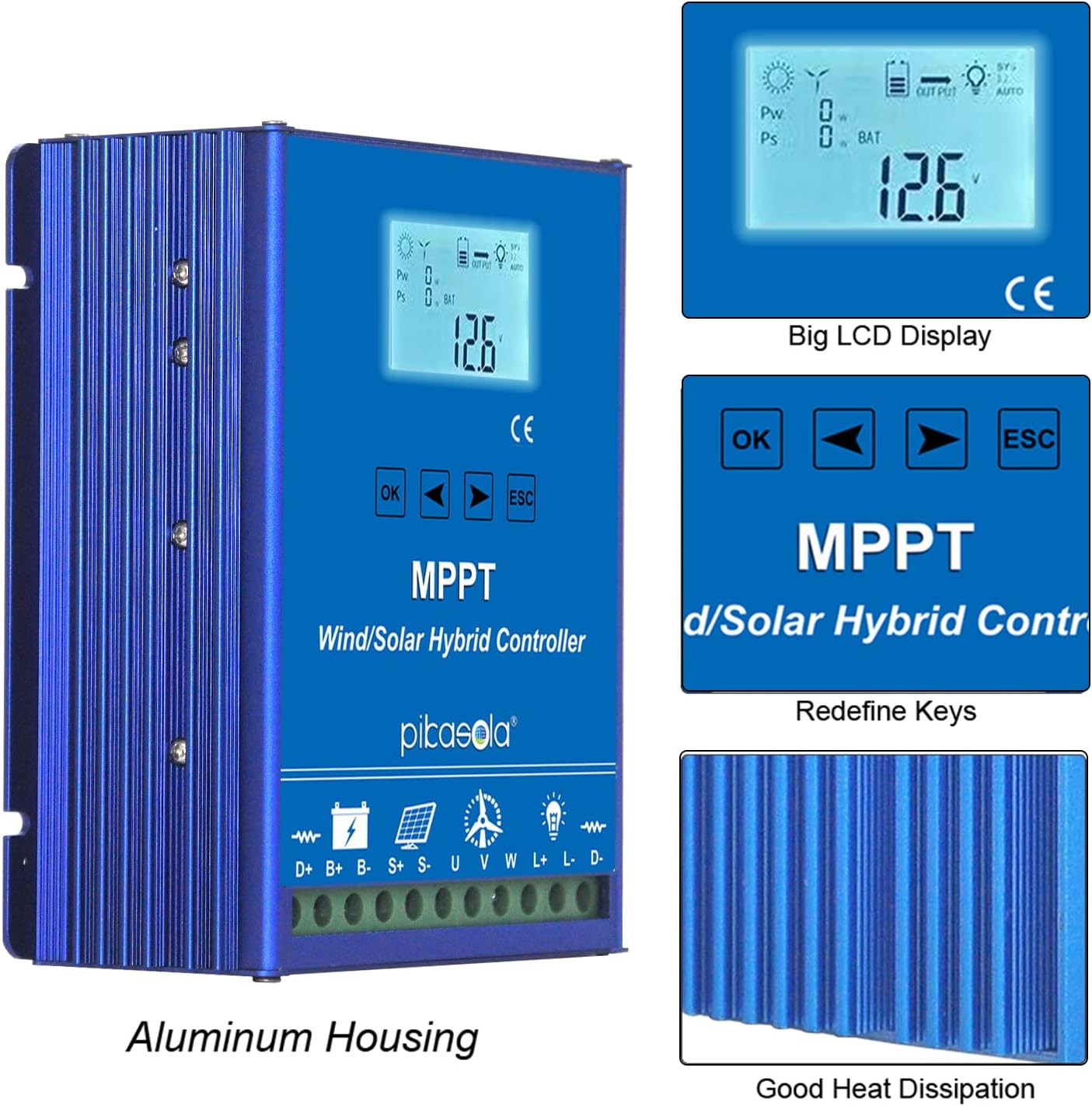 PIKASOLA 1400W Off Grid with Unloader Hybrid Wind Solar Controller Auto 12/24V Battery MPPT Charge Boost Float of max 800w Wind Turbine Generator 600w Solar Panel Home Street Light Controller