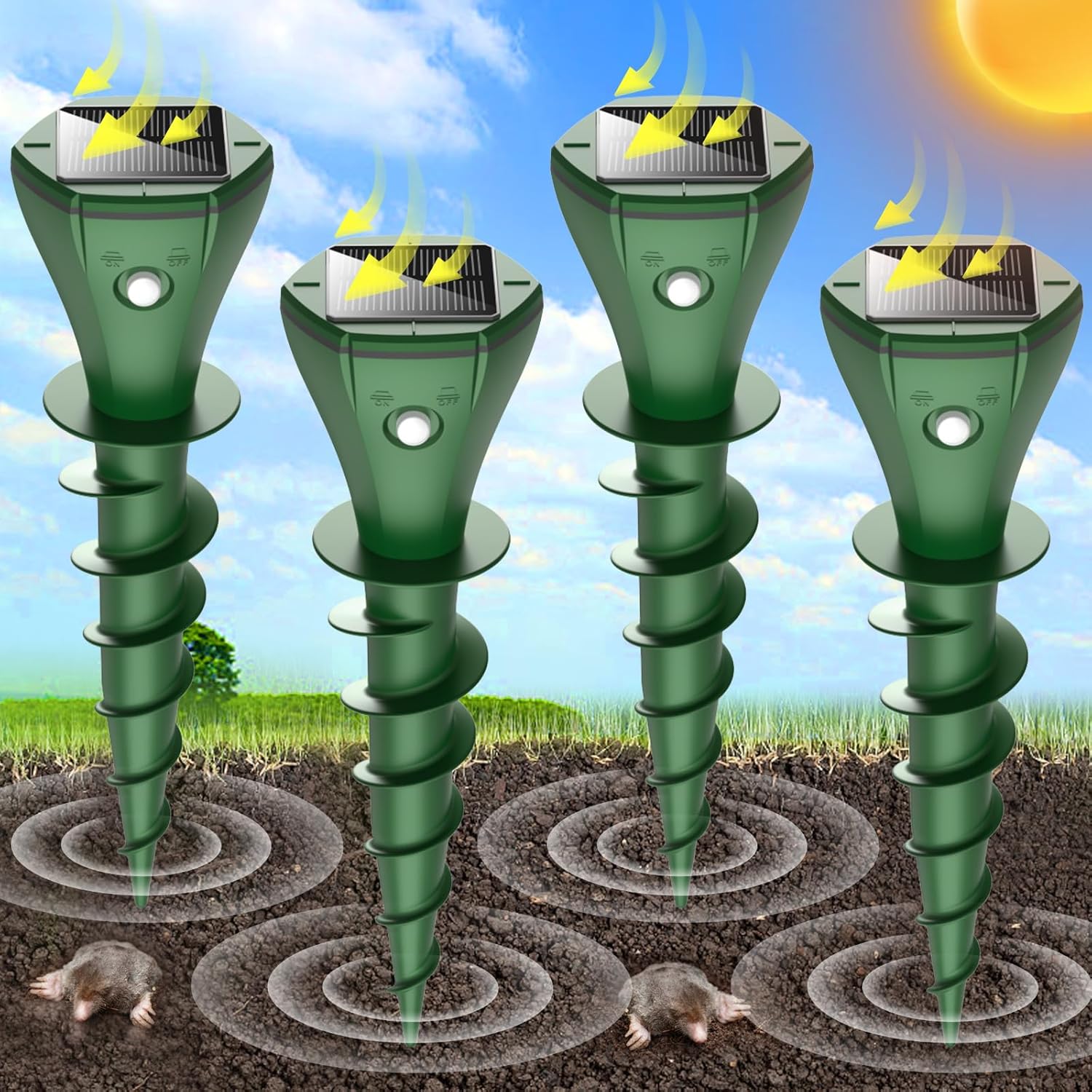 Mole Repellent for Lawns, Mole Killer Solar Powered, Snake Away Repellent for Outdoors,Ultrasonic Gopher Vole Repellent Killer Screw Keep Skunk Chipmunk Armadillo Groundhogs Out Your Yard, 4 Pack