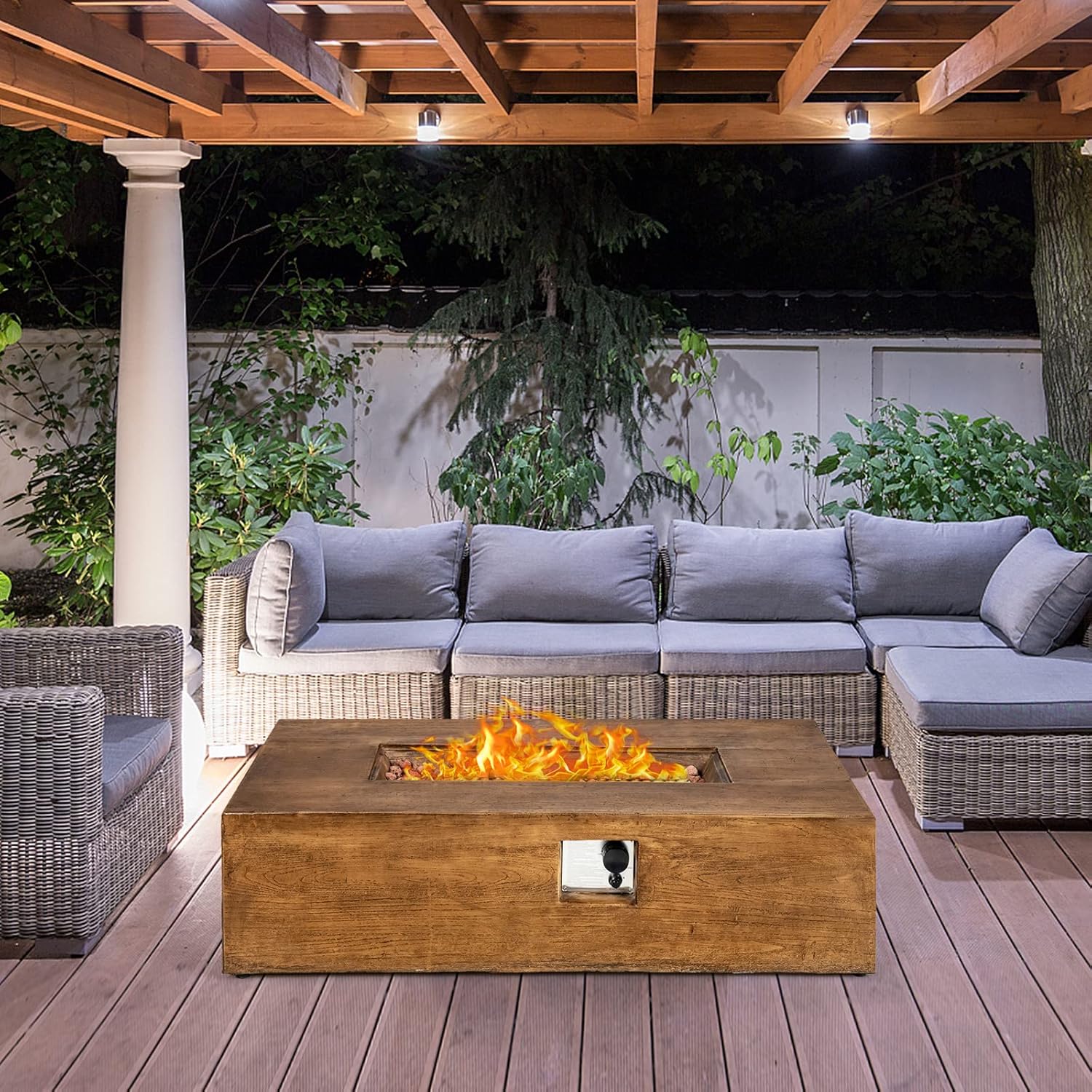 COSTWAY 48 Inch Gas Fire Pit Table, 50,000 BTU Outdoor Propane Firepit with Lava Rocks and Waterproof Cover, Rectangular Fire Table, Brown