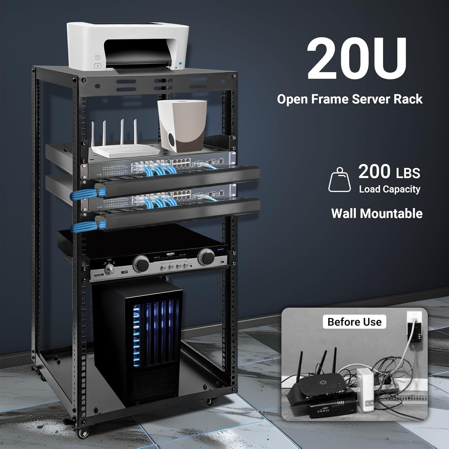 20U Server Rack w/ 2 Racks, Versatile Open Frame IT Rack - Wall-Mount, Rotate and Push w/Ease, AV Rack w/Top & Bottom Panels, Hook and Loop Straps for 19